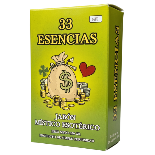 A box of '33 Encias' mystical soap packaging, featuring a bright yellow-green background with illustrations of a money sack, coins, and a red heart.