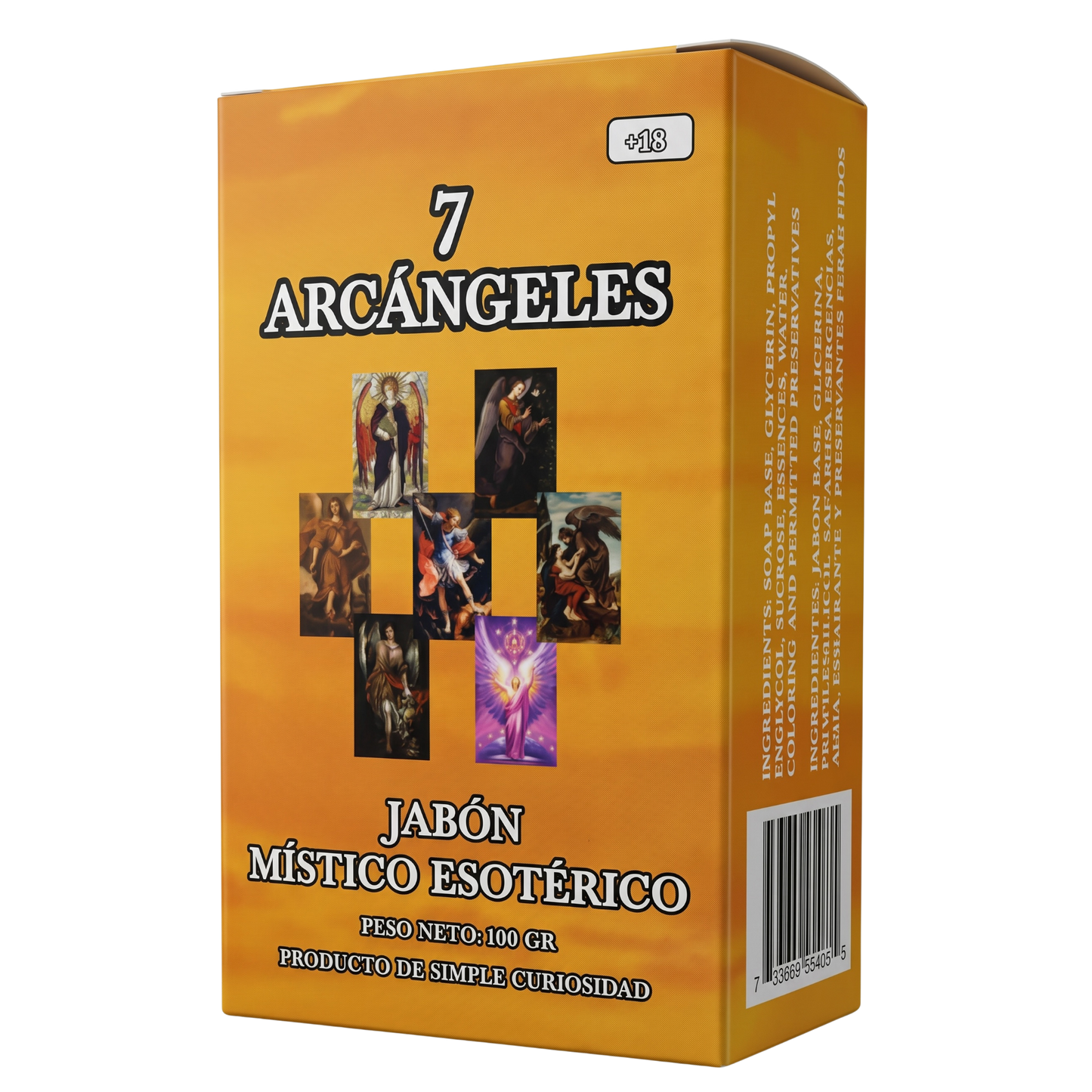 Orange packaging of '7 Arcángeles' with images and text on a white background