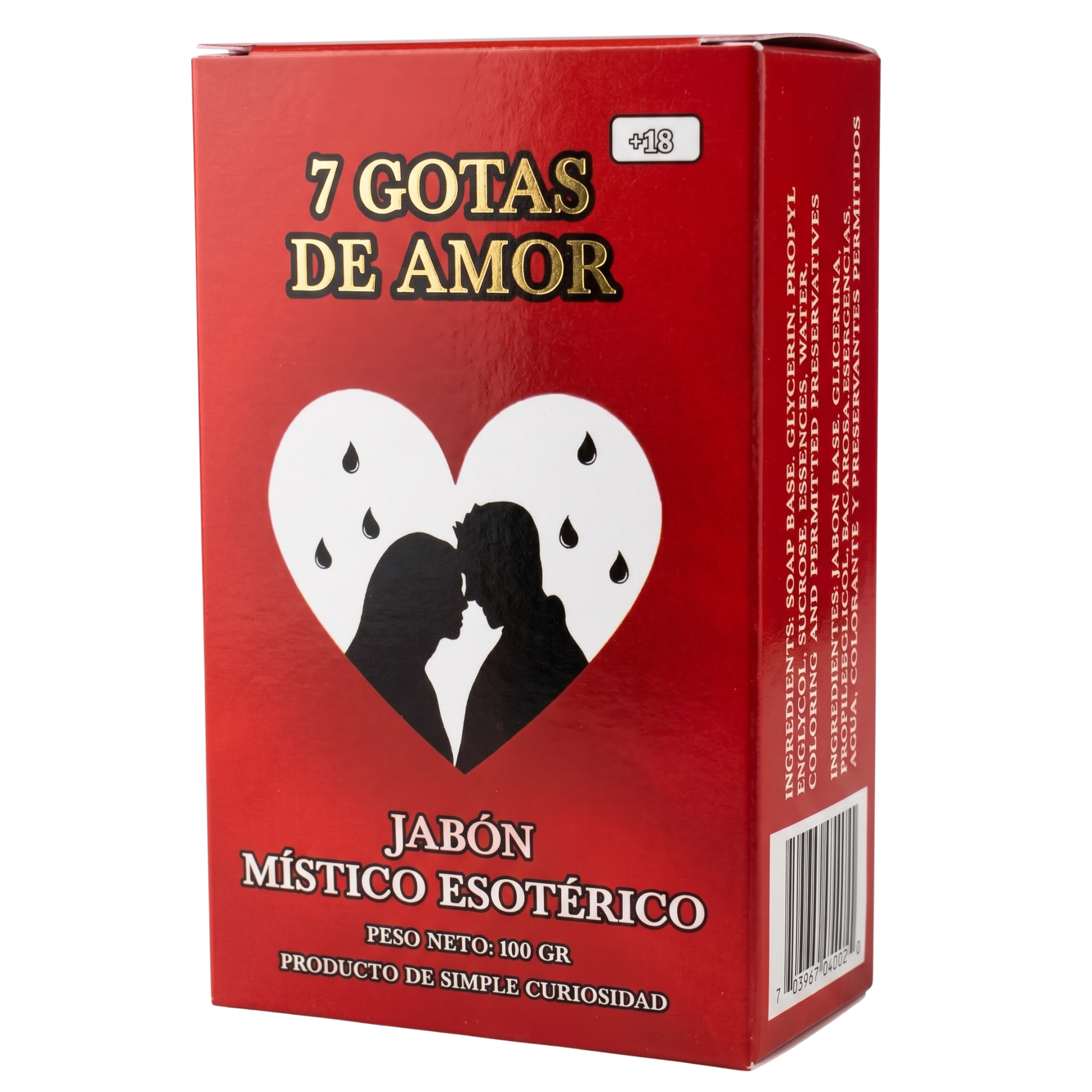 Red box of '7 Gotas de Amor' with a heart and silhouettes on a white background