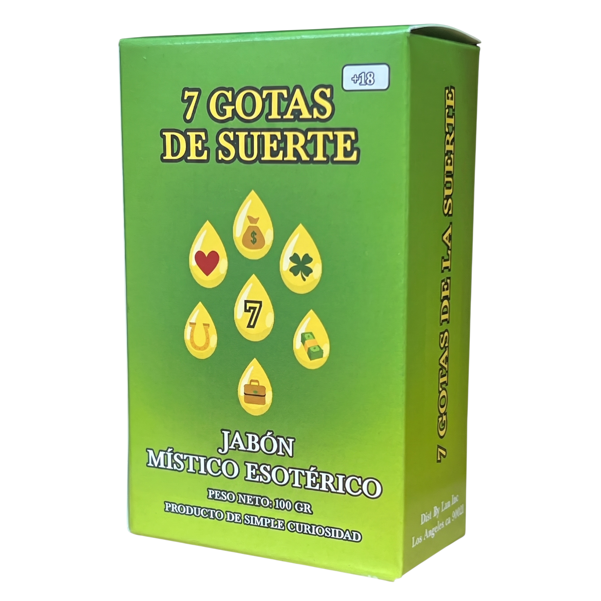 Green box of '7 Gotas de Suerte' with yellow icons and text on a white background