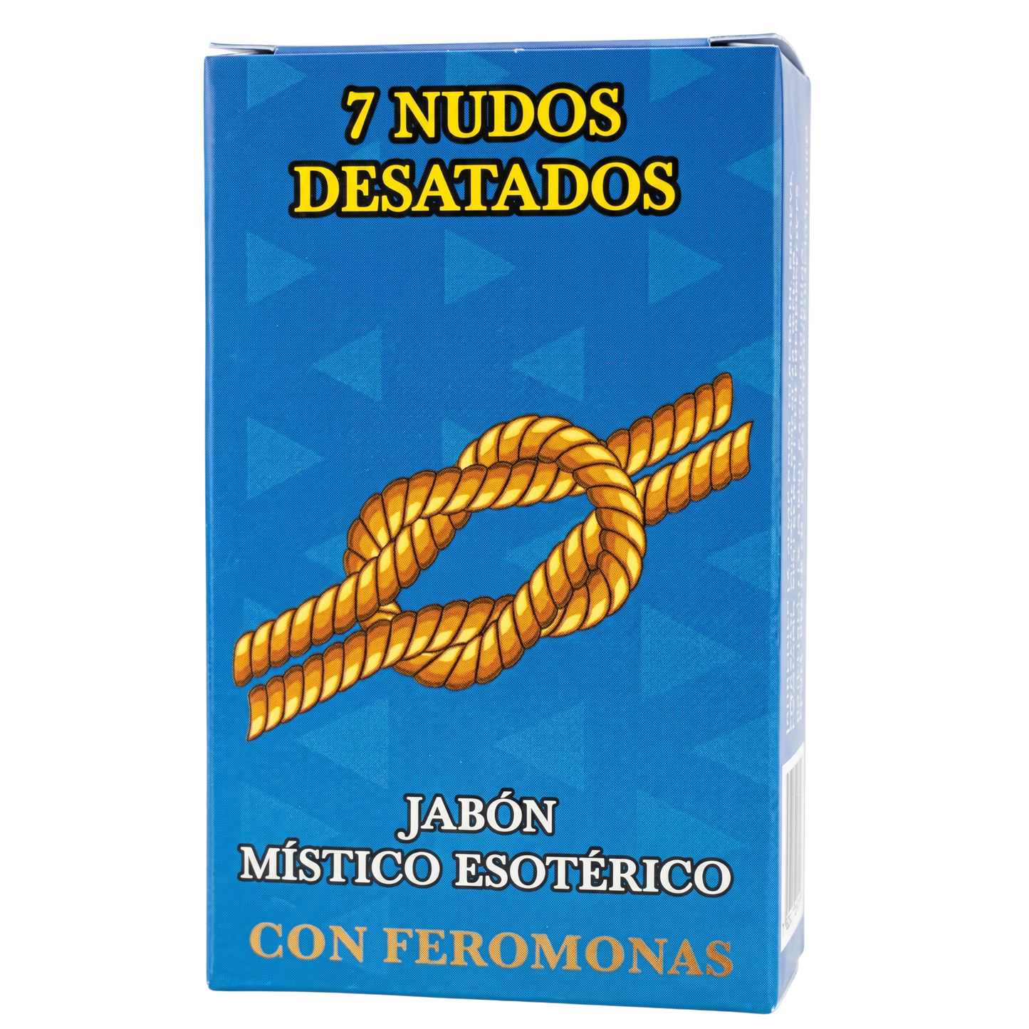 A blue rectangular box of '7 Nudos Desatados' esoteric mystery fatigues with pheromones, featuring a golden rope knot illustration on the front.