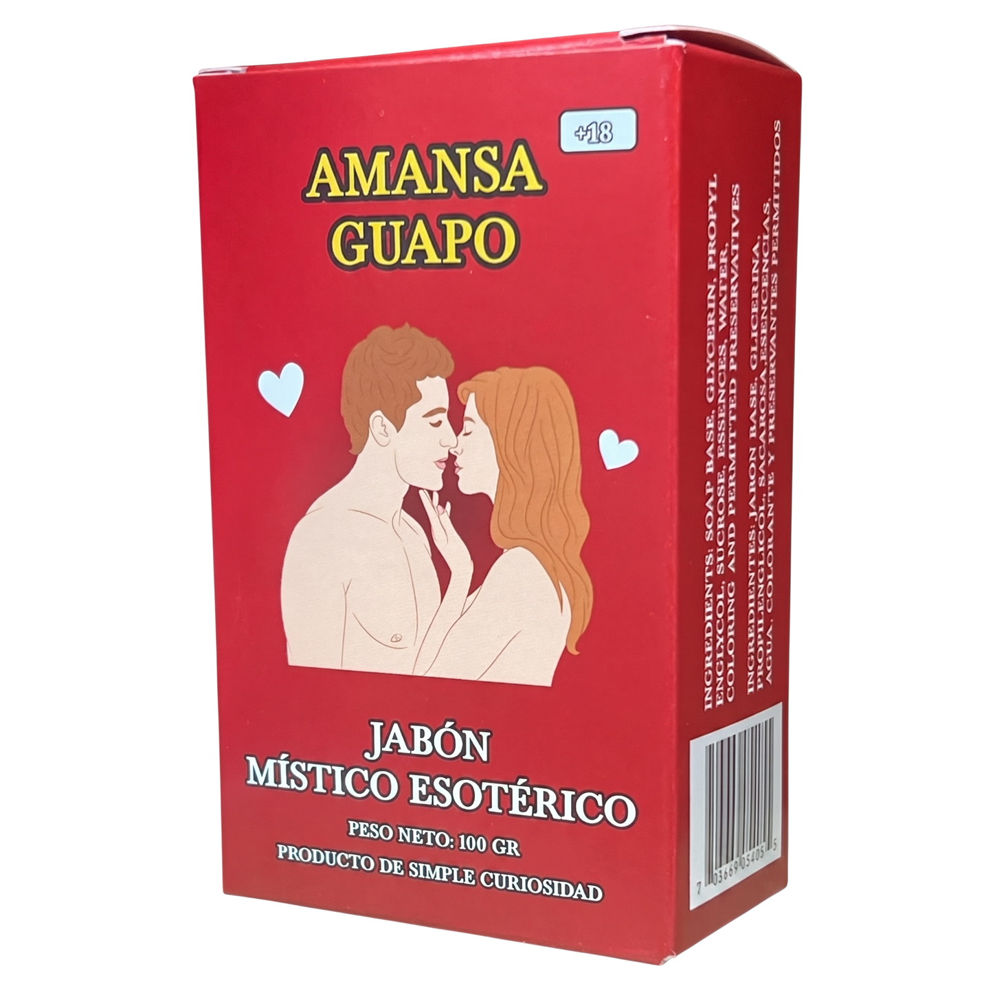 Red box of 'Amansa Guapo' with a graphic of a man and woman kissing on a white background