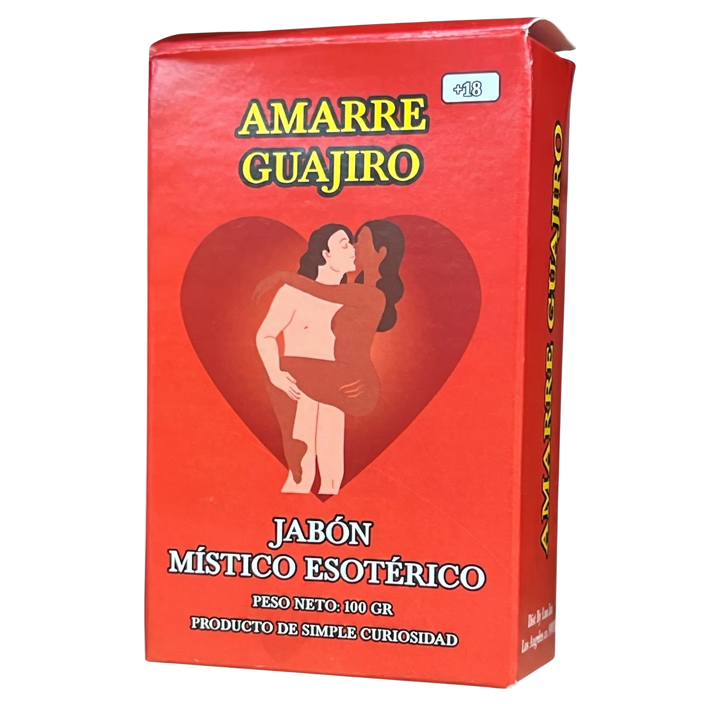 Red box of Amarre Guajiro with a heart design and two people embracing, on a white background.