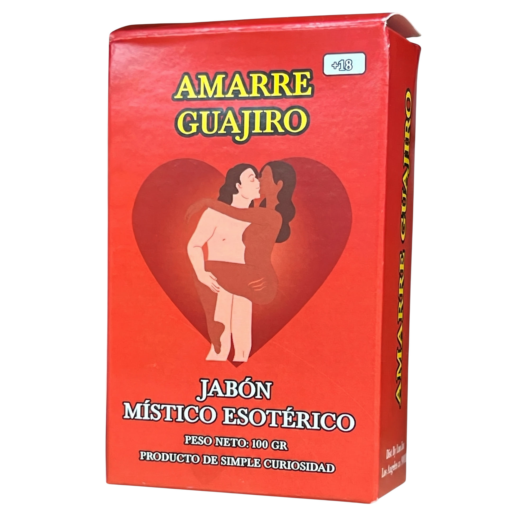 Red box of Amarre Guajiro with a heart design and two people embracing, on a white background.