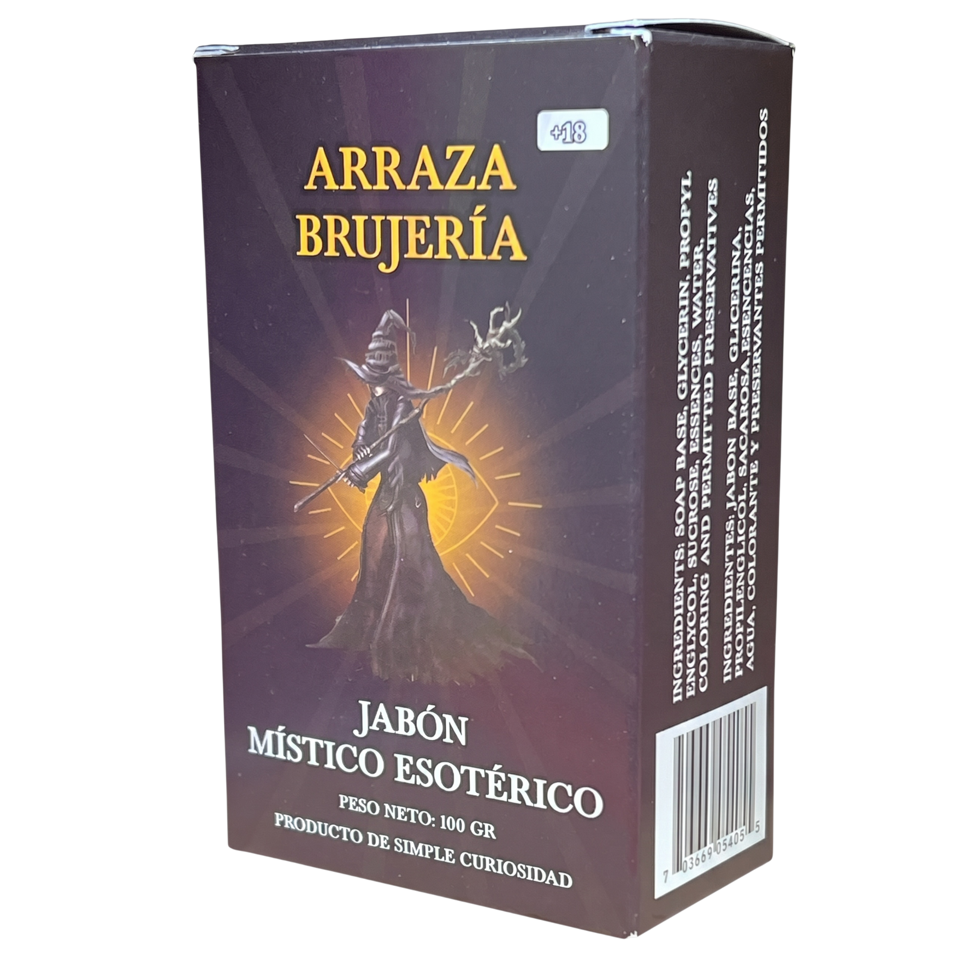Box of 'Arraza Brujeria' mystical esoteric soap with an illustration on a white background