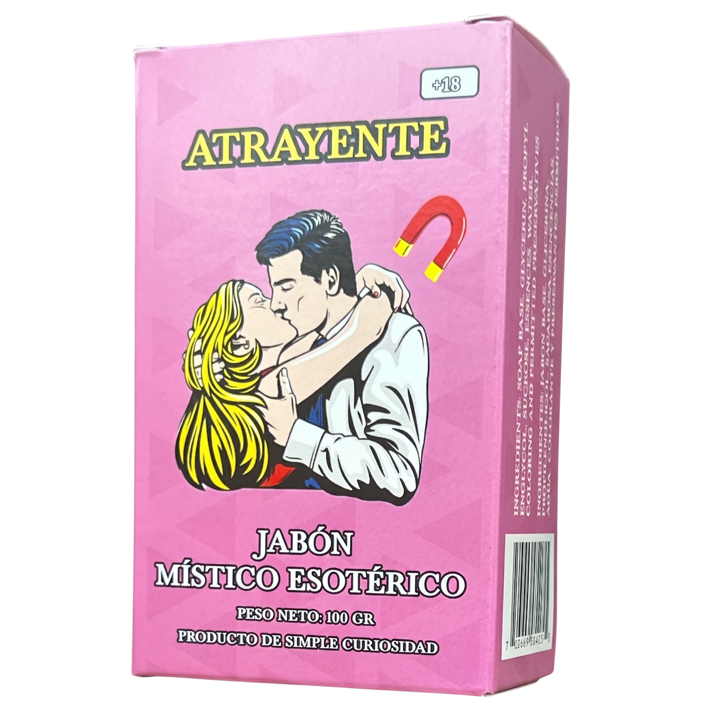 Pink box of 'Atrayente' mystical esoteric soap with a romantic illustration on a white background.
