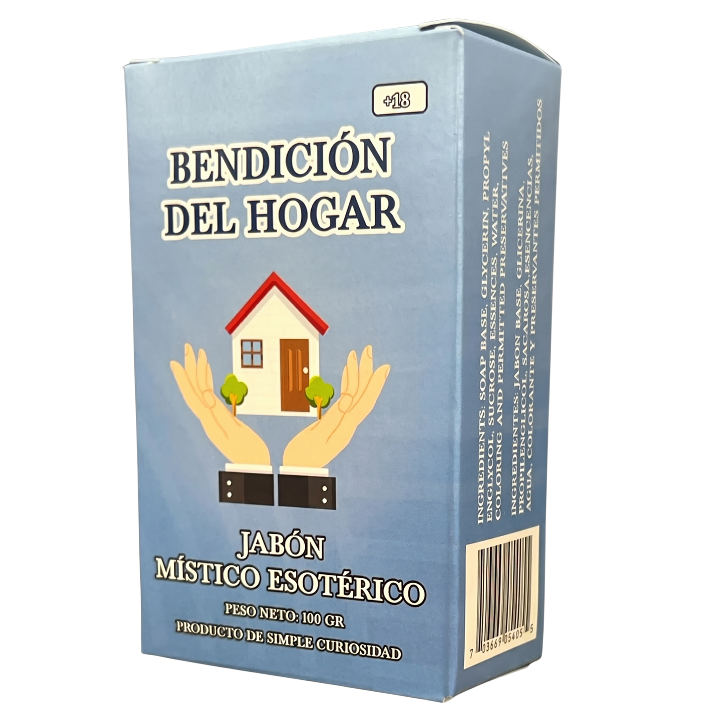 Box of 'Bendicion del Hogar' with hands holding a house illustration on a blue background