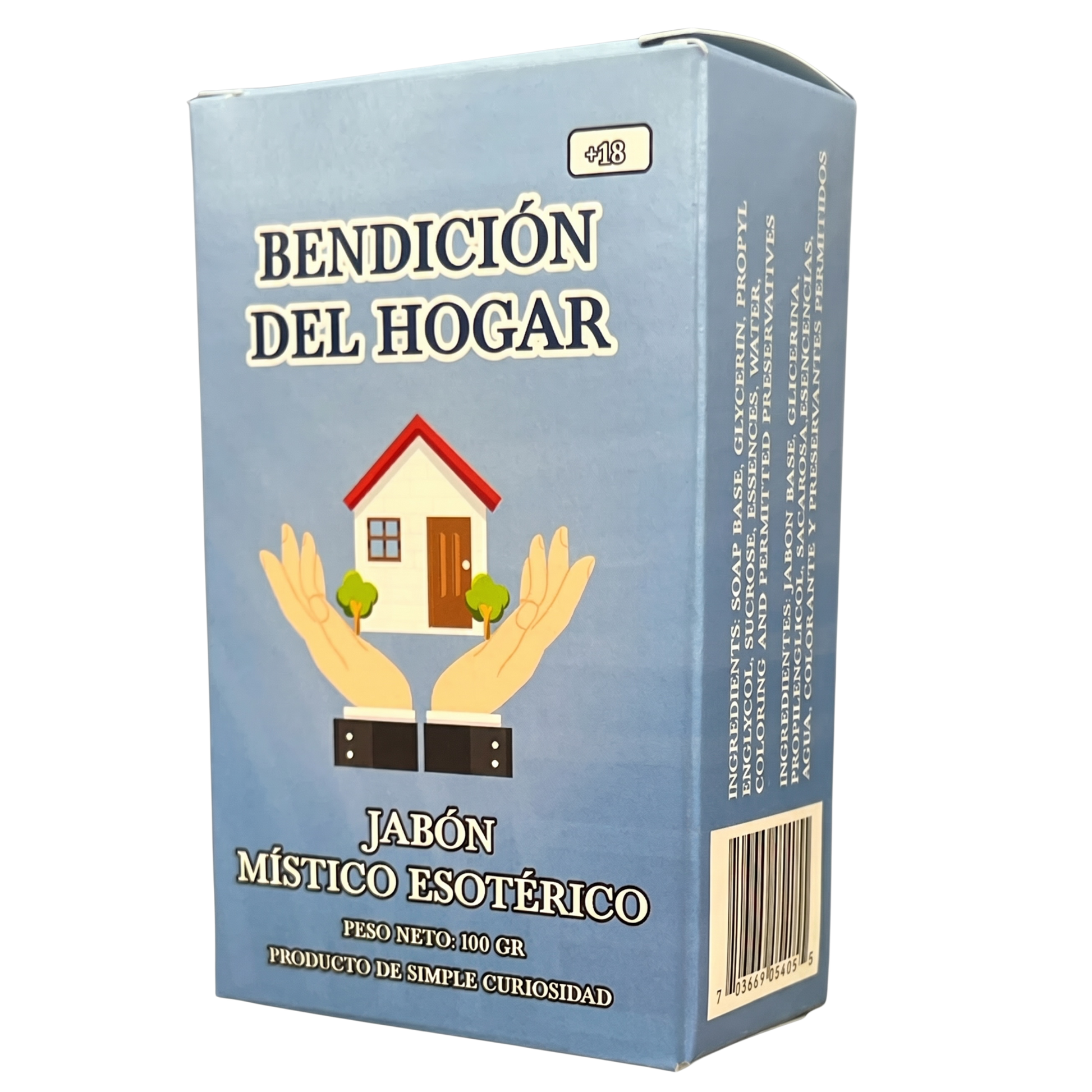 Box of 'Bendicion del Hogar' with hands holding a house illustration on a blue background