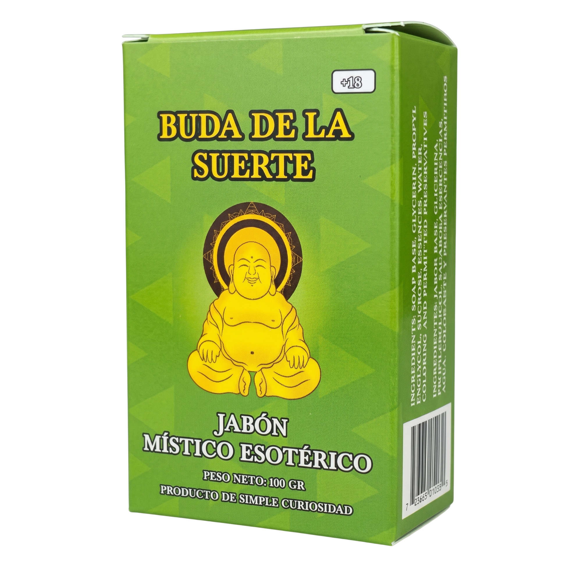 Green packaging of 'Buda de la Suerte' with a yellow Buddha illustration on a white background
