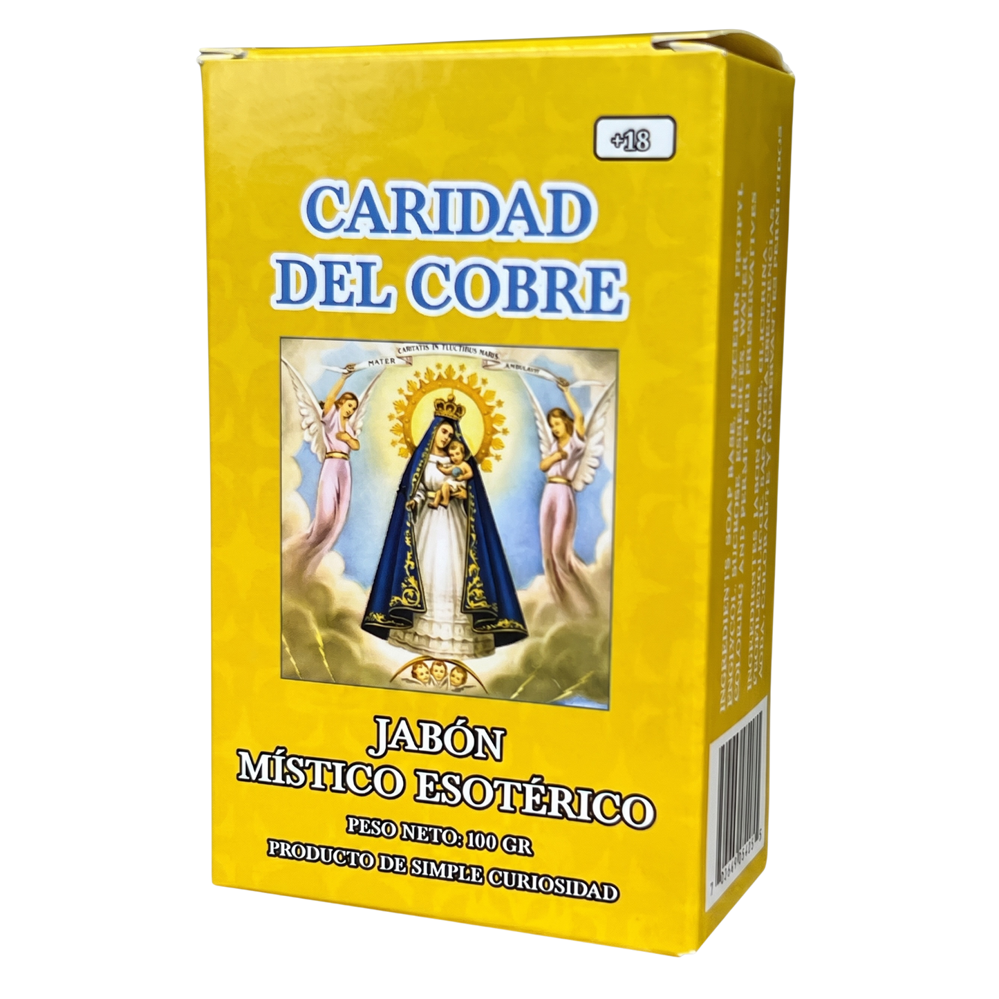 Yellow box of 'Caridad del Cobre' with religious imagery on a white background