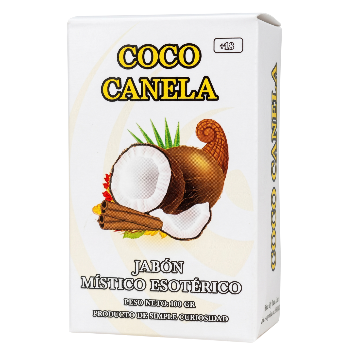 Box of Coco Canela soap with coconut and cinnamon design on a white background