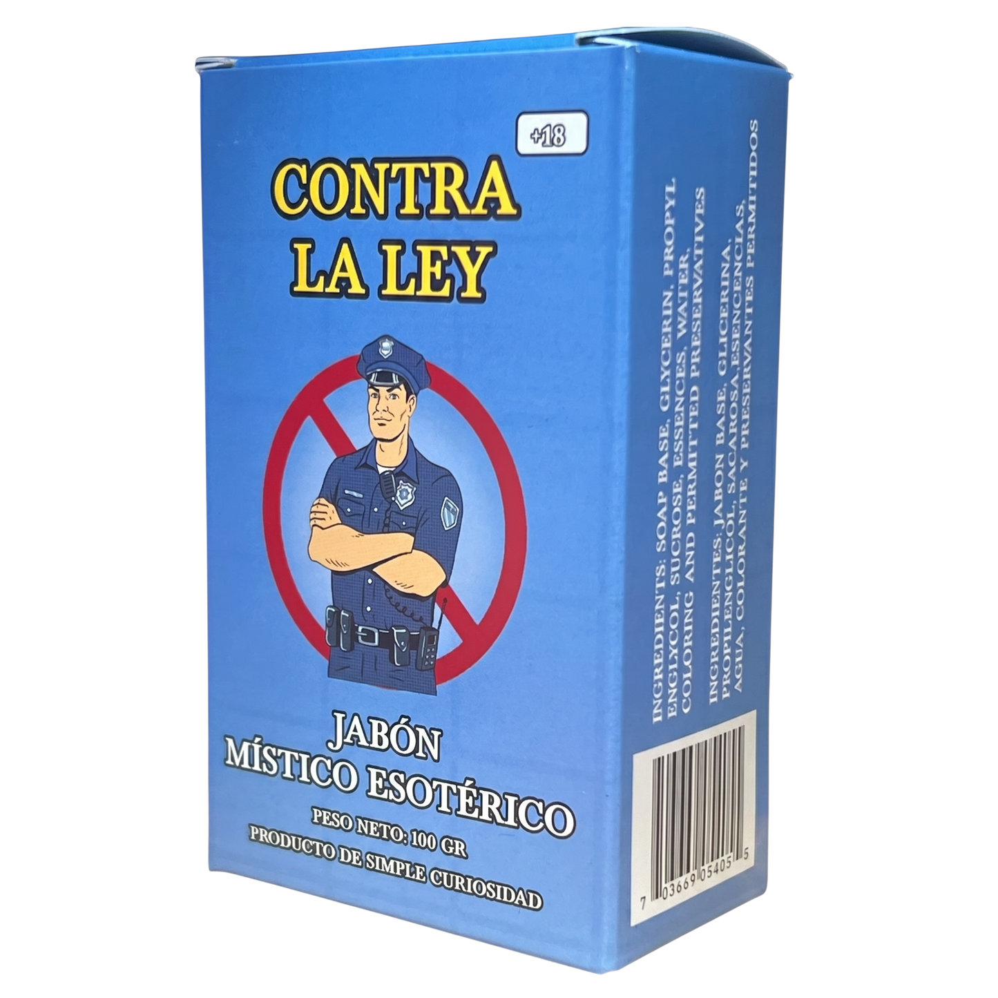 Blue box of 'Contra La Ley' with a police officer illustration on a white background