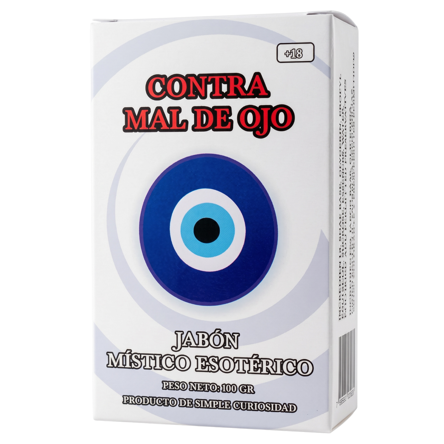A white rectangular box of 'Contra Mal de Ojo' mystical esoteric soap, featuring a blue, white, and black evil eye design in the center, with red and black text on a clean white background.