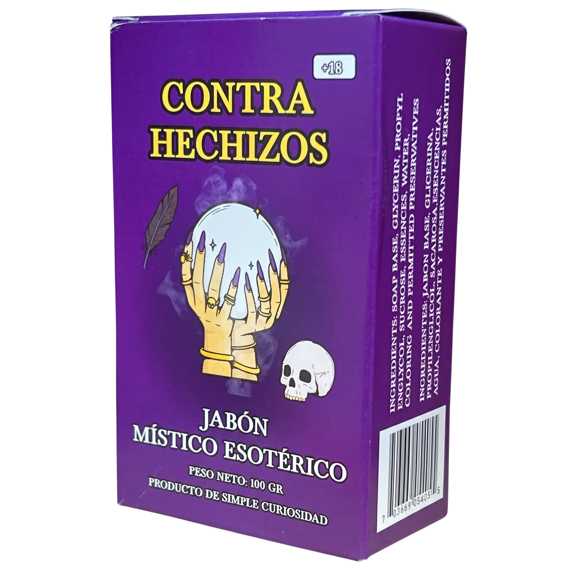 Purple soap packaging with a hand holding a skull and text in Spanish on a white background