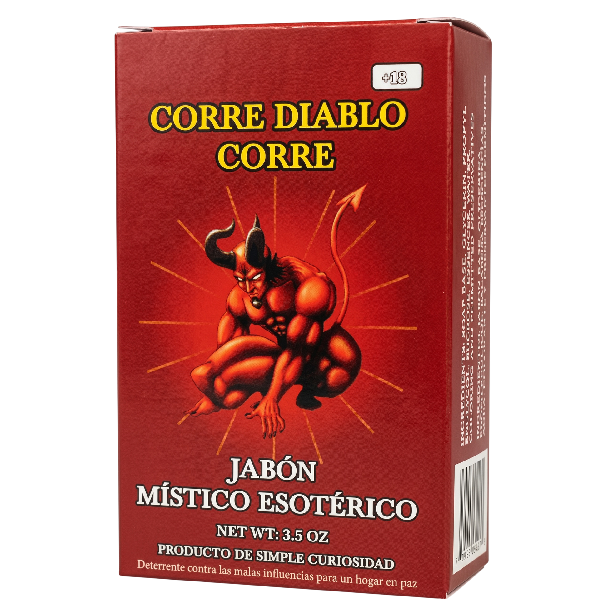 A red rectangular box of 'Corre Diablo Corre' (Run Devil Run Back) esoteric magic soap, featuring a graphic of a muscular red devil sitting in a crouched position with radiating yellow lines. The Spanish text 'JABÓN MÍSTICO ESOTÉRICO' is printed in white below the graphic.