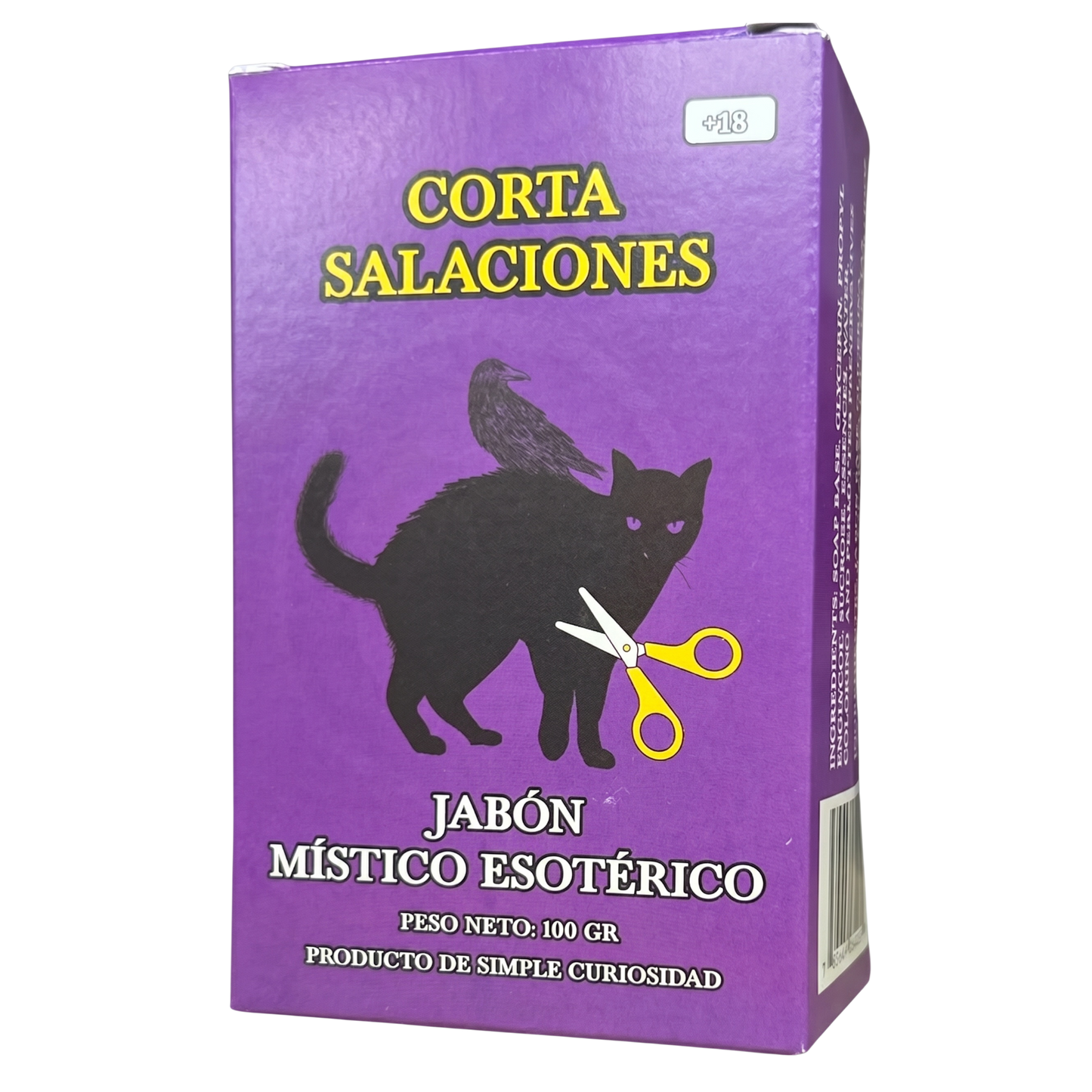 Purple box of Corta Salaciones magical soap, featuring a black cat silhouette with a crow on its back and yellow scissors graphic on a white background.