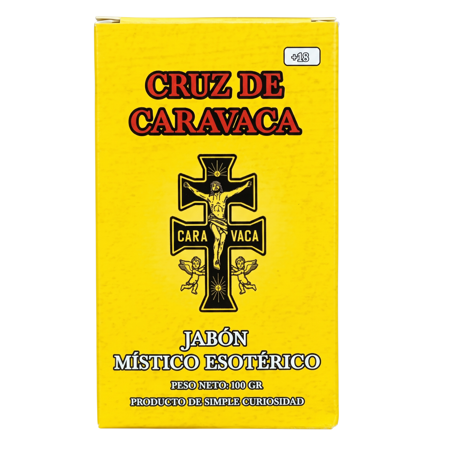 Yellow box of Cruz de Caravaca with a black cross design on a white background