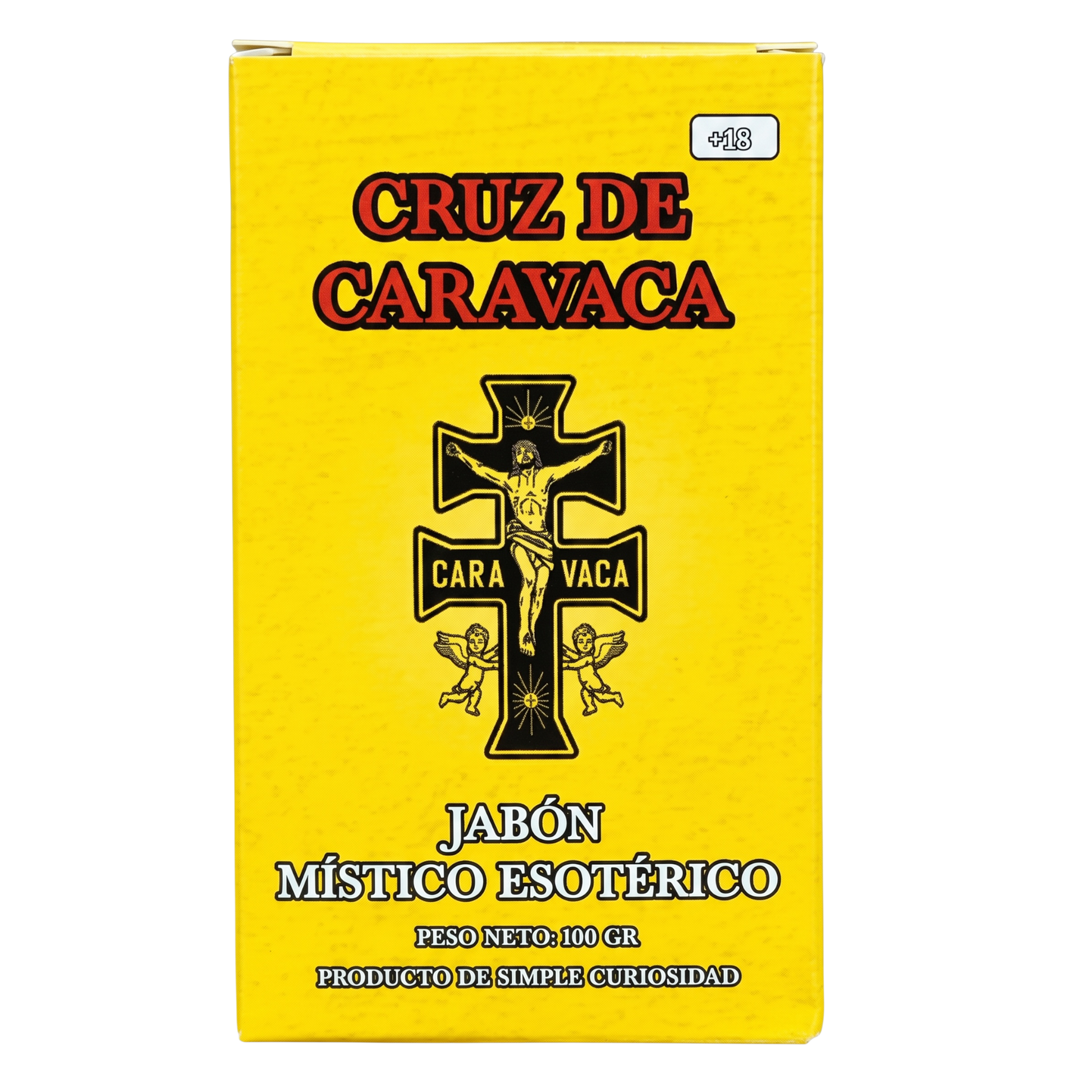 Yellow box of Cruz de Caravaca with a black cross design on a white background