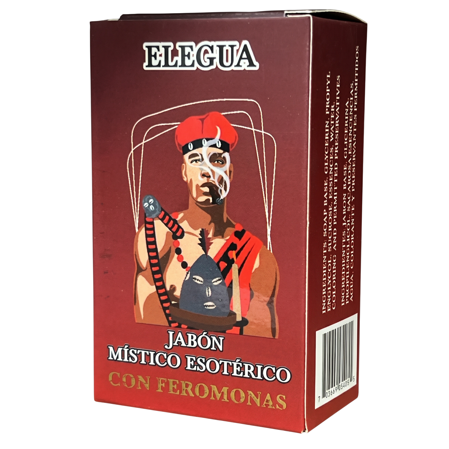 Box of Elegua esoteric soap with a stylized illustration on a white background