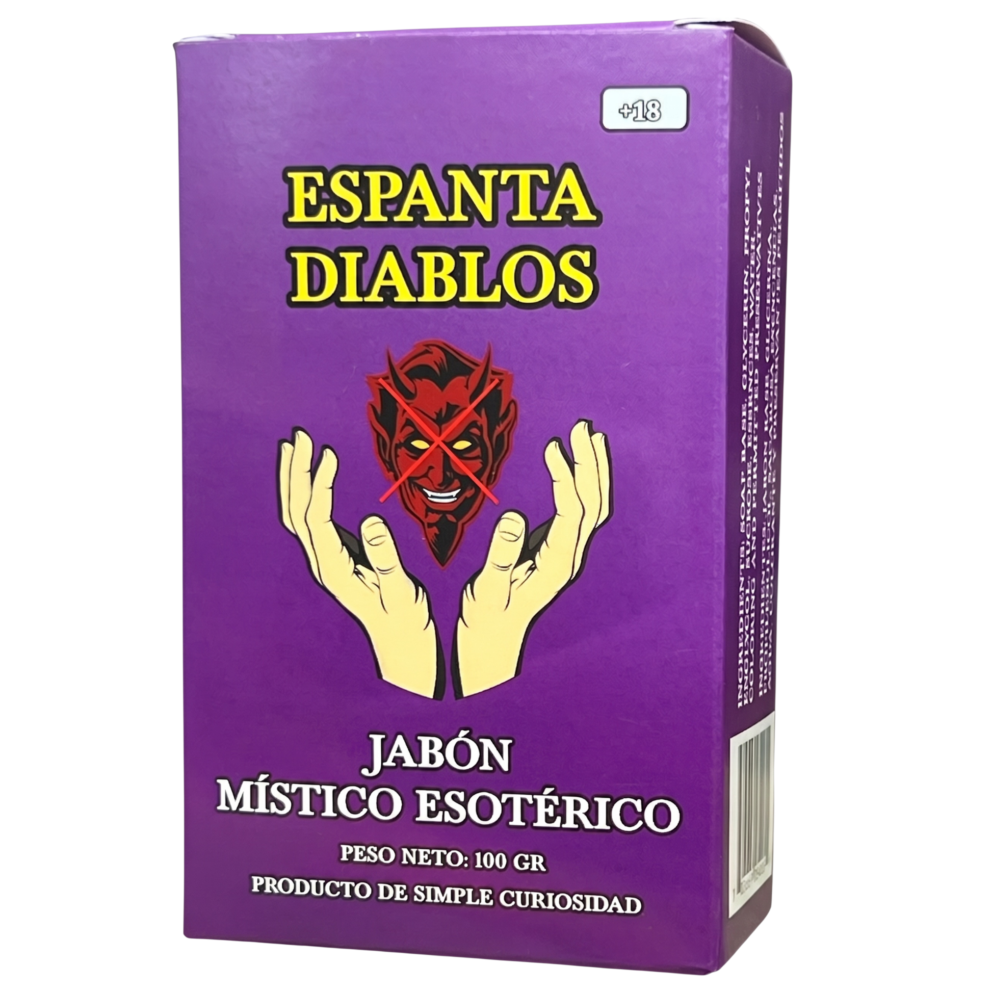 A purple rectangular box of 'Espanta Diablos' mystical soap, featuring a graphic of two hands holding a red demon face, with yellow and white text on a white background.