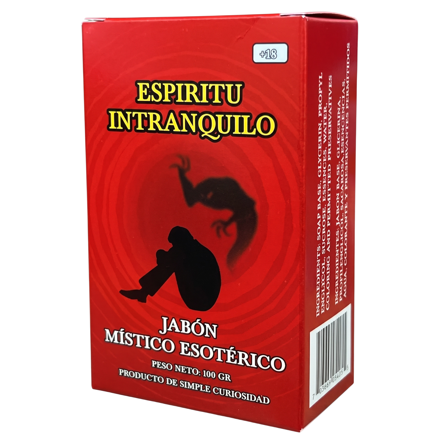 Red packaging of 'Espiritu Intranquilo' with a silhouette and snake illustration on a white background