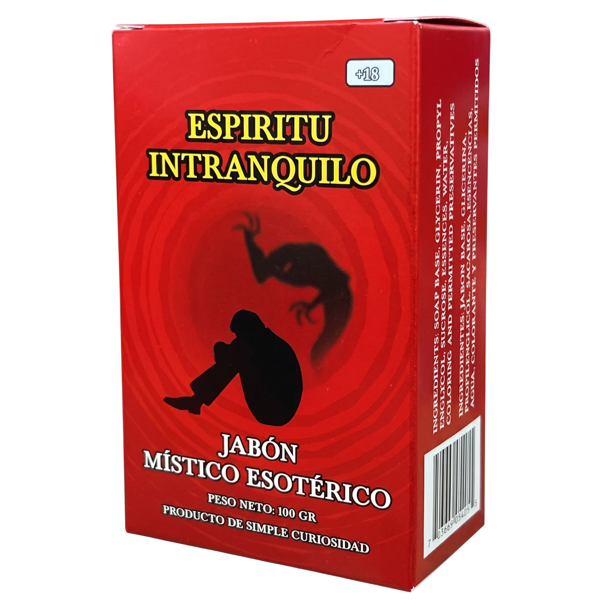 Red packaging of 'Espiritu Intranquilo' with a silhouette and snake illustration on a white background