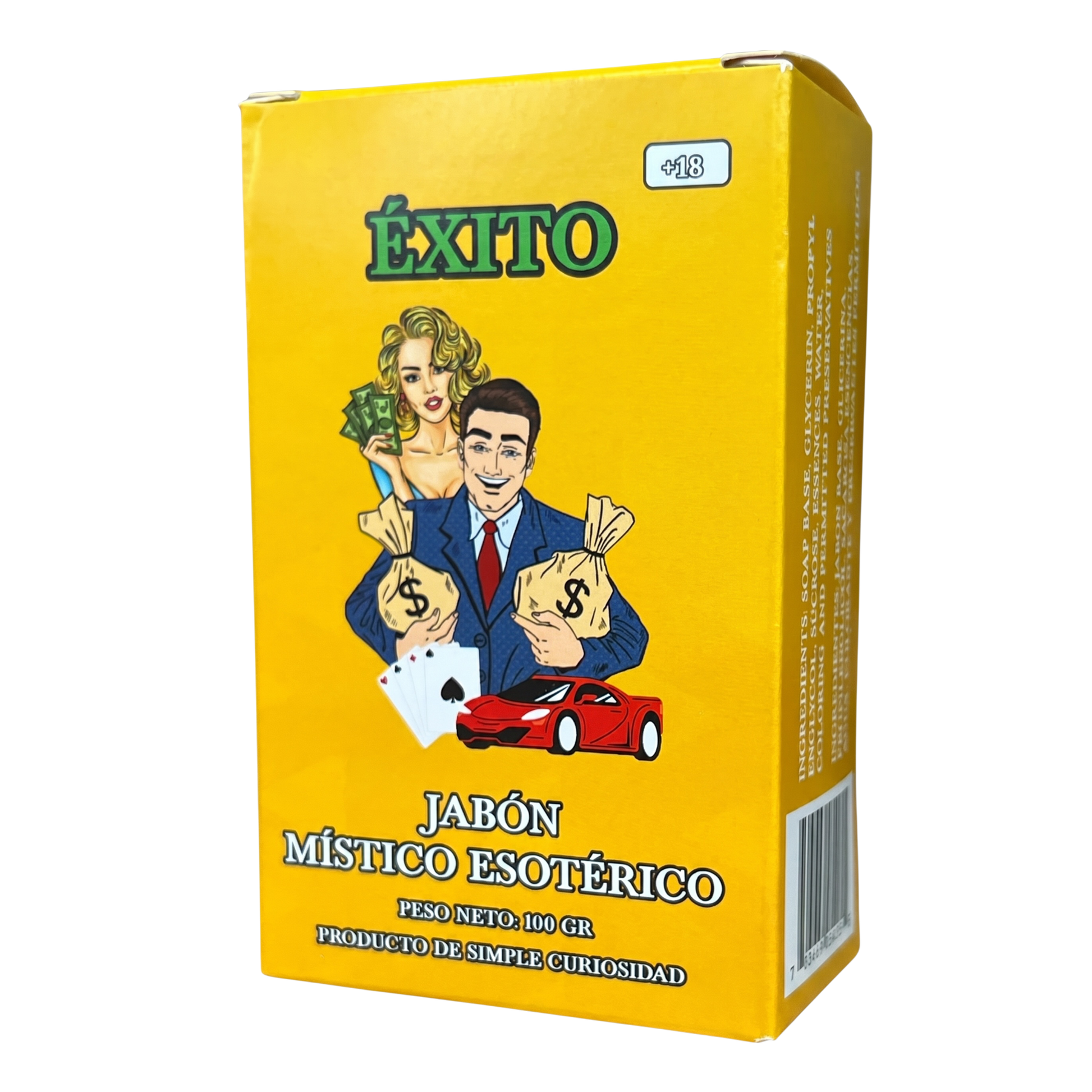 Yellow box with graphics of a man and woman holding money bags and a car, with 'Exito' branding.