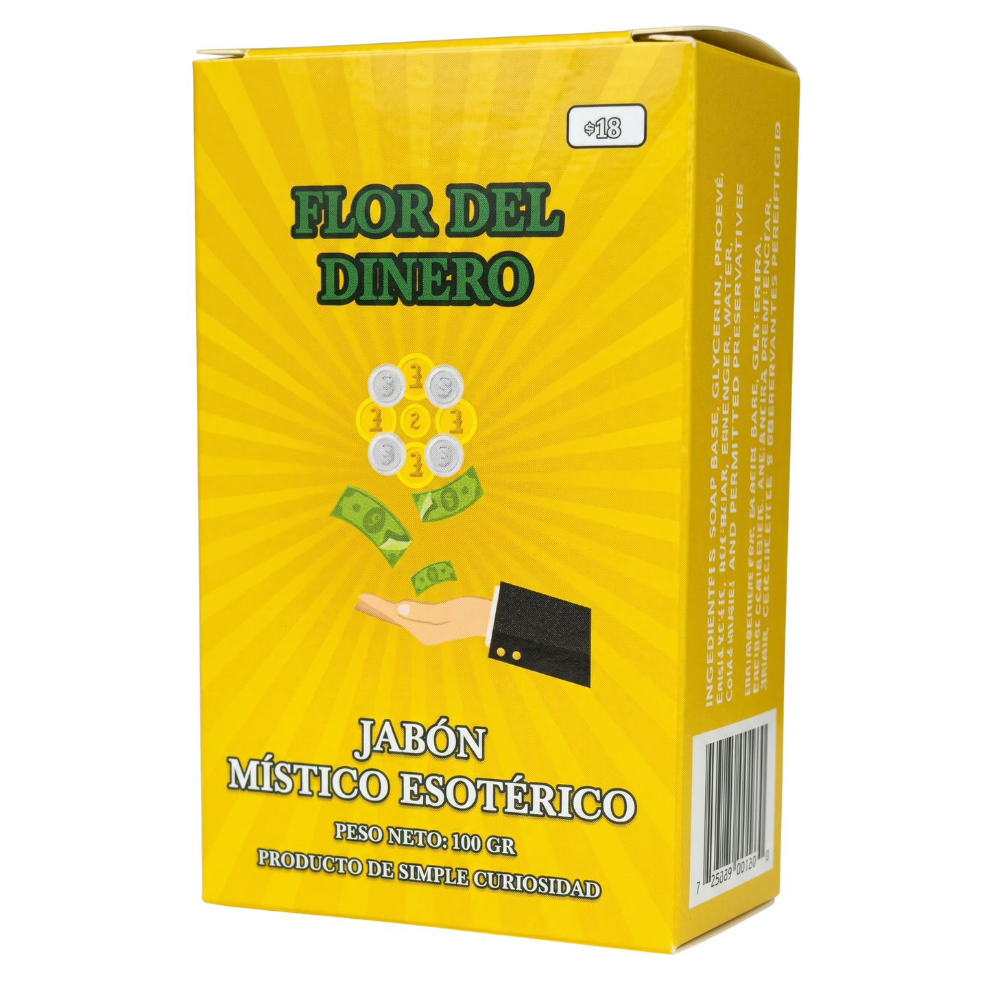Yellow box of 'Flor del Dinero' with a graphic of money and a hand, on a white background.