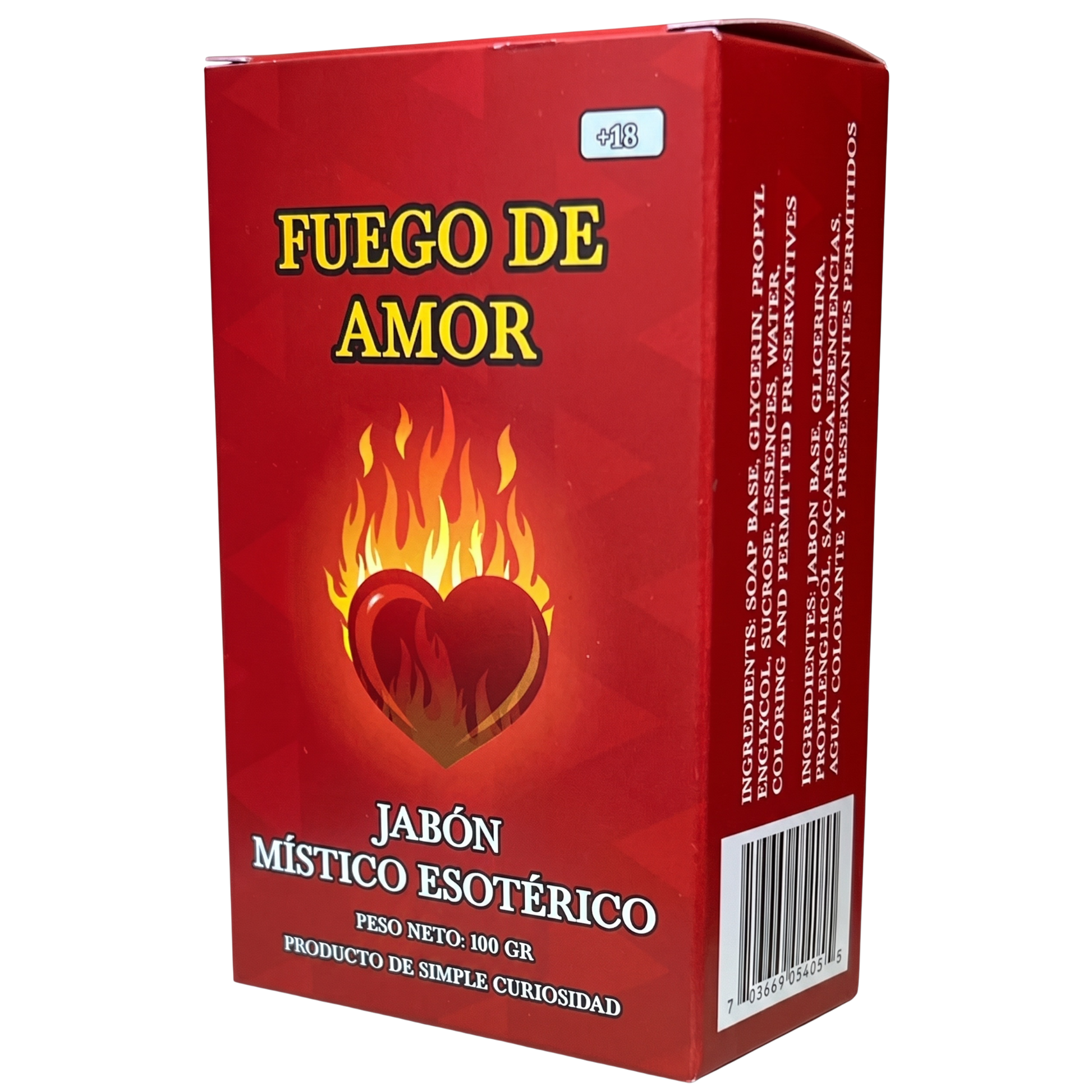Red box of 'Fuego de Amor' with a heart and flame design on a white background