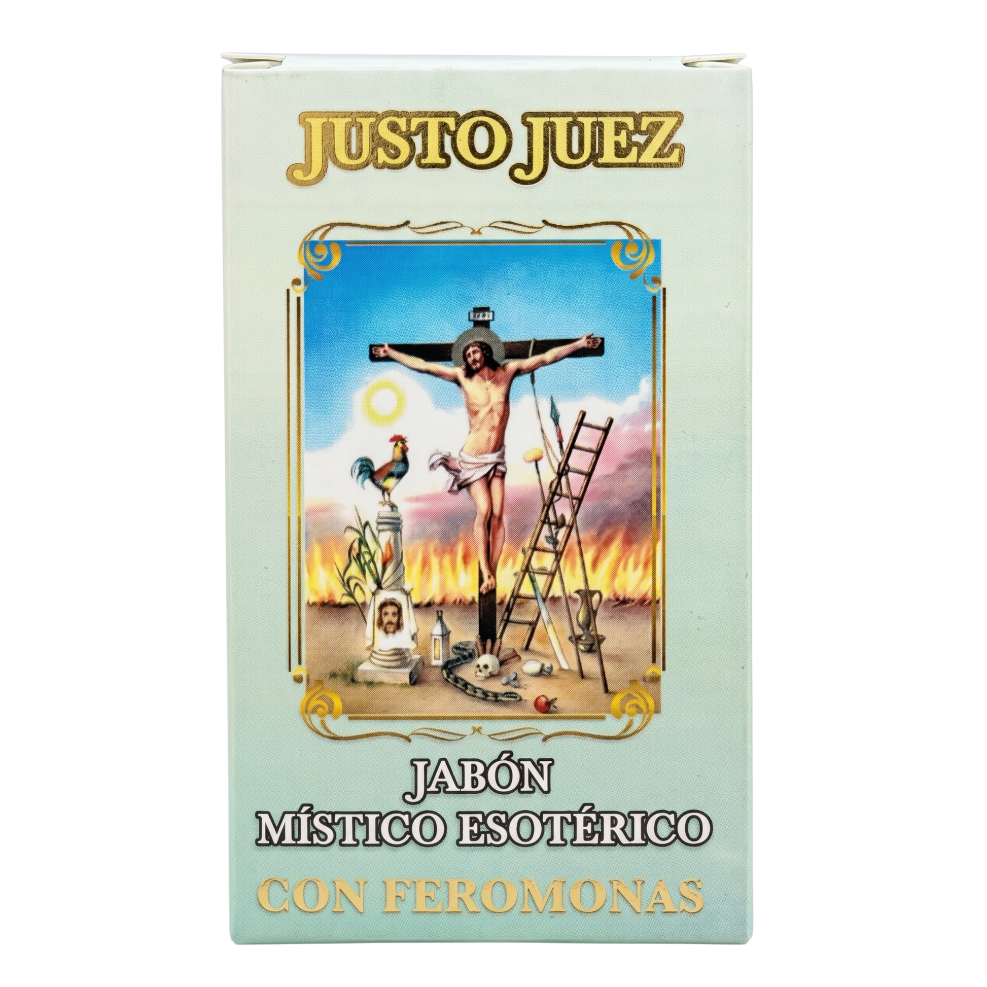 Box of Justo Juez mystical esoteric soap with religious imagery on a light blue background