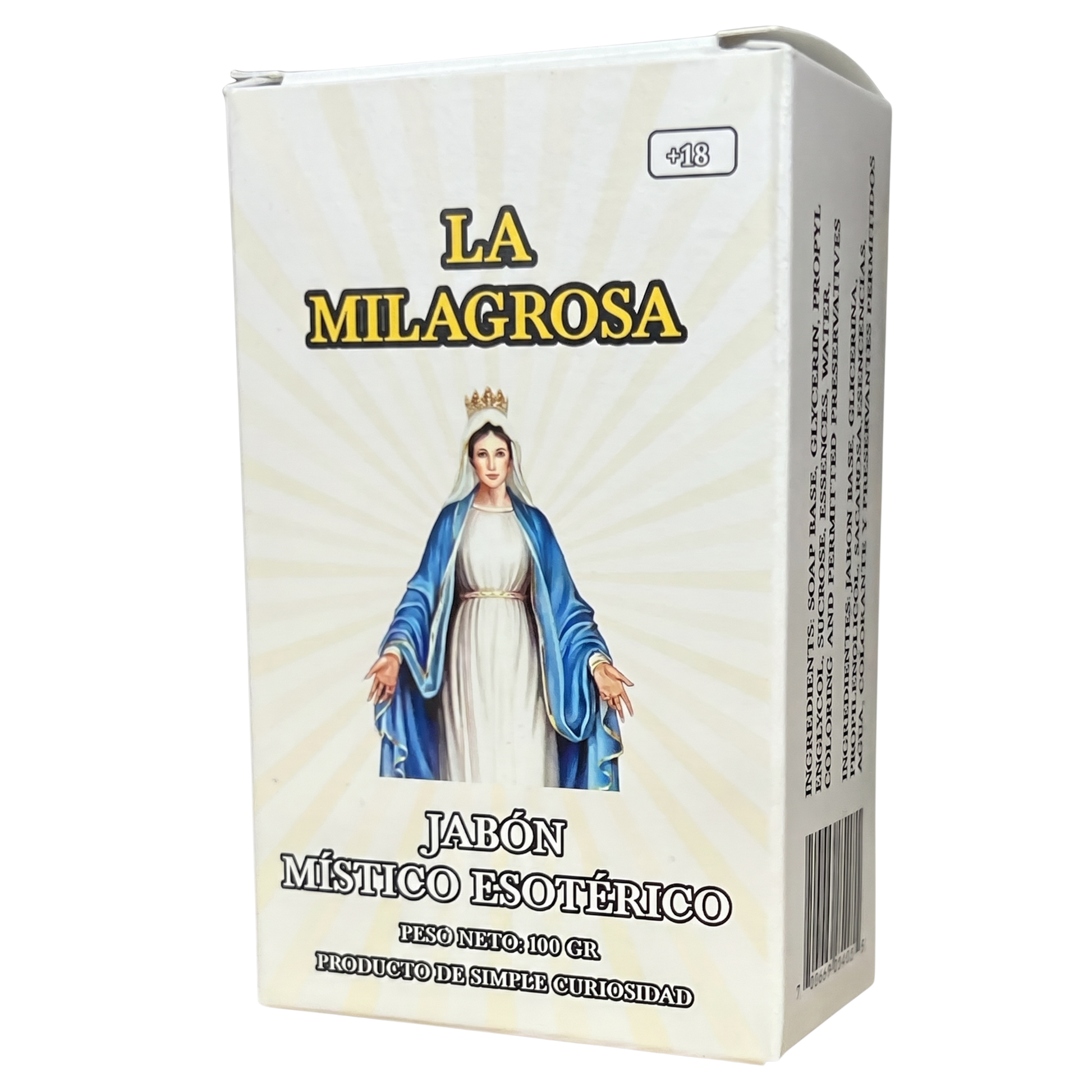 Box of 'La Milagrosa' mystical esoteric soap with a religious figure on the packaging.