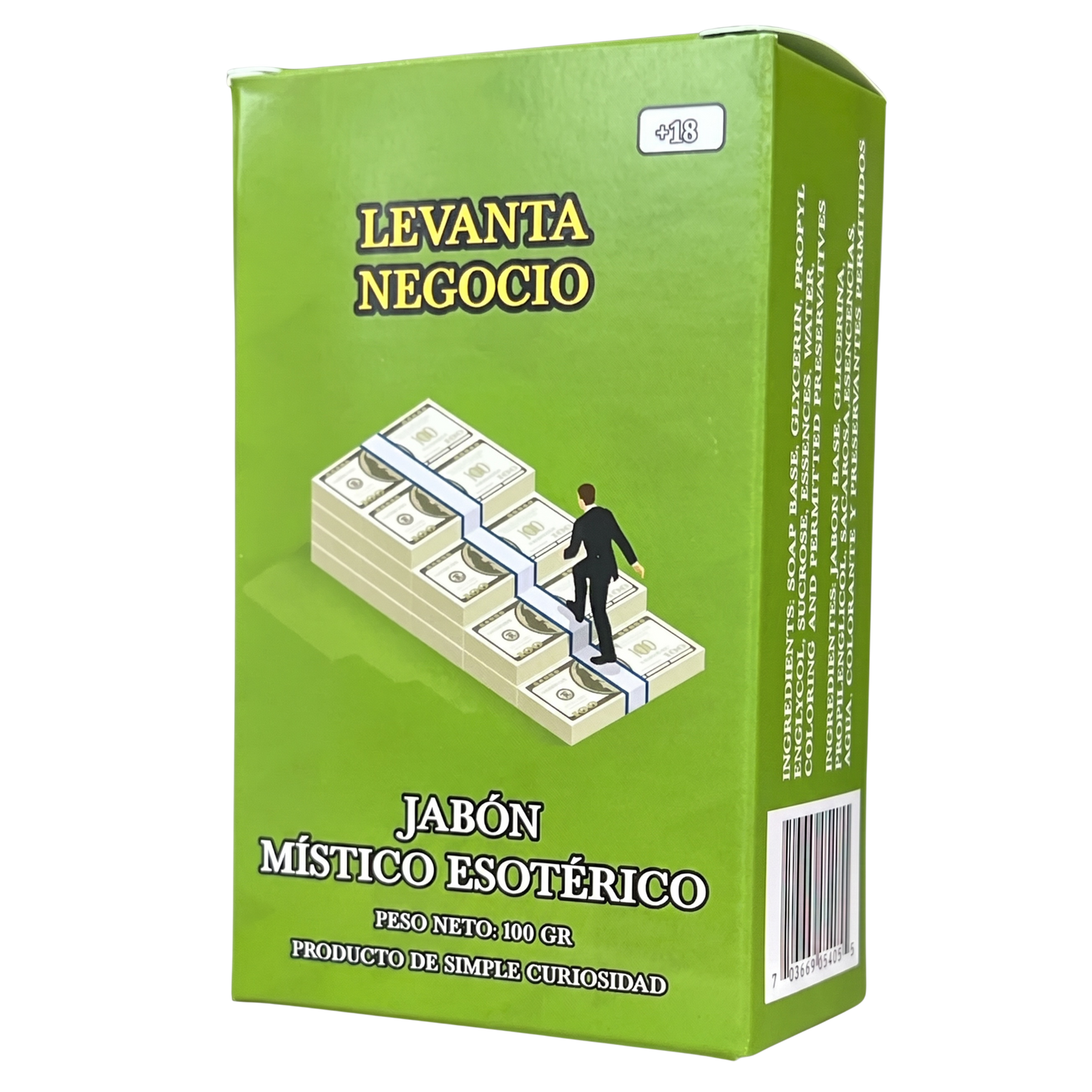 Green box with money and a person graphic, labeled 'LEVANTA NEGOCIO' on a white background.