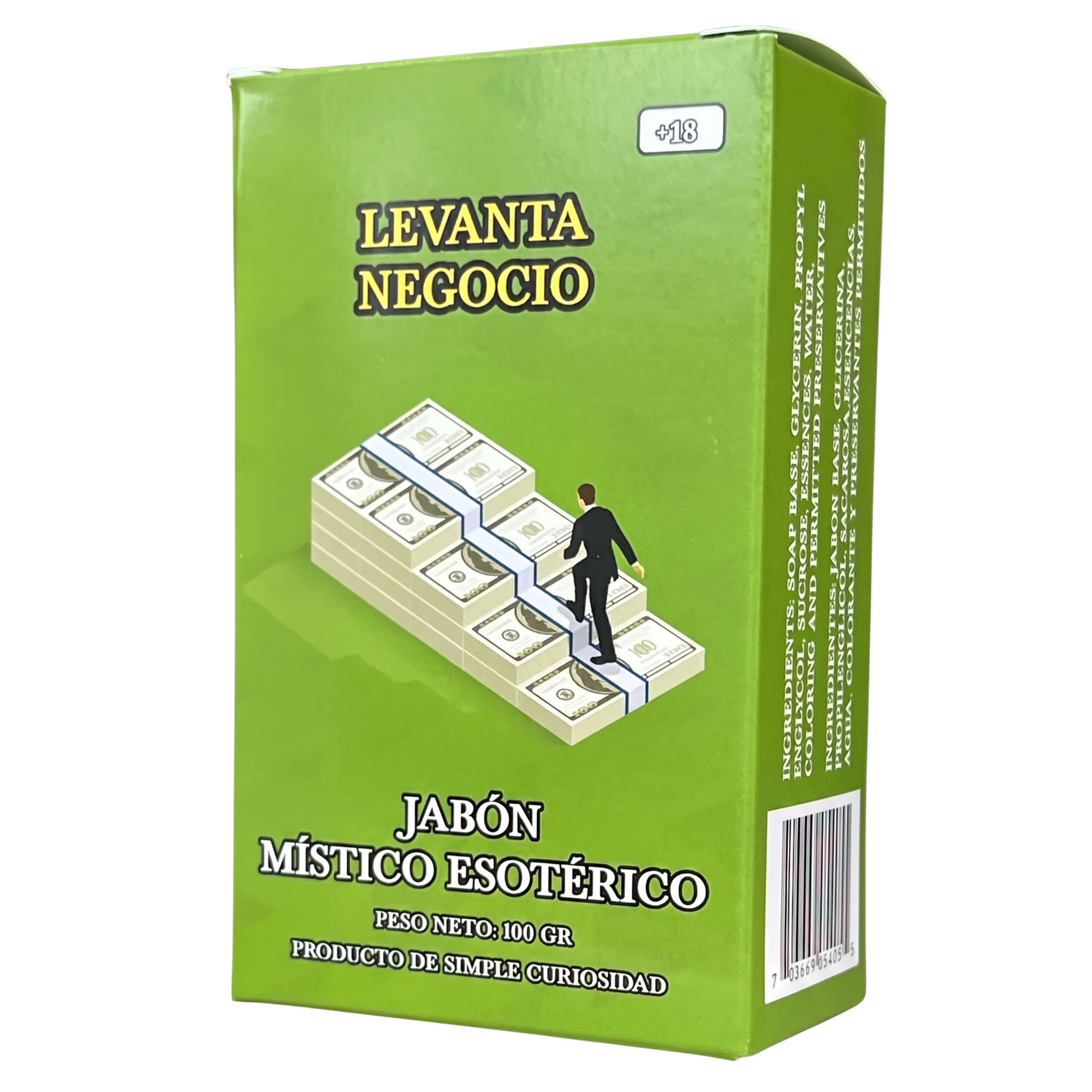 Green box with money and a person graphic, labeled 'LEVANTA NEGOCIO' on a white background.