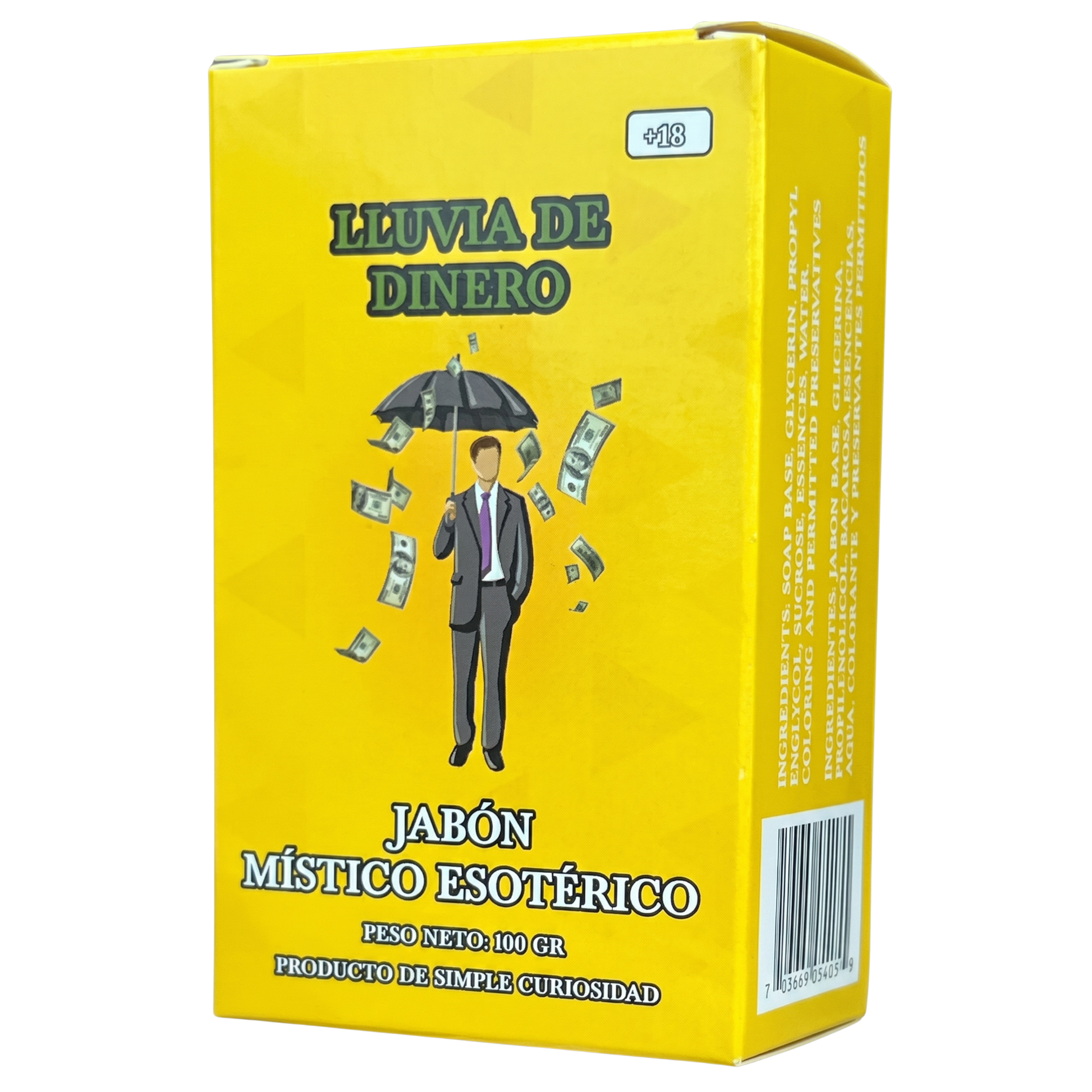 Yellow box with a graphic of a person under an umbrella with money falling, on a white background.