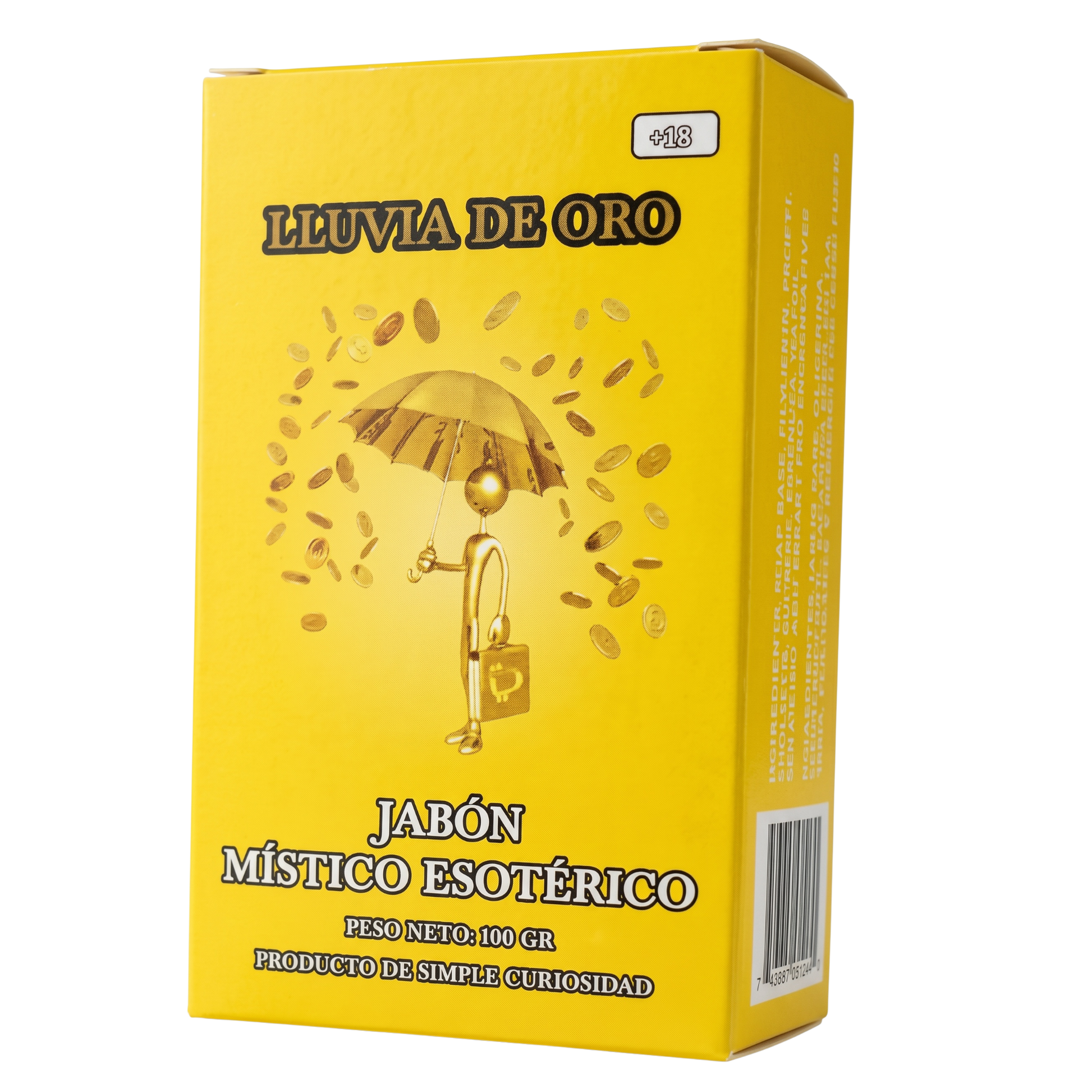 Yellow box with gold accents featuring 'Lluvia de Oro' branding and product description.