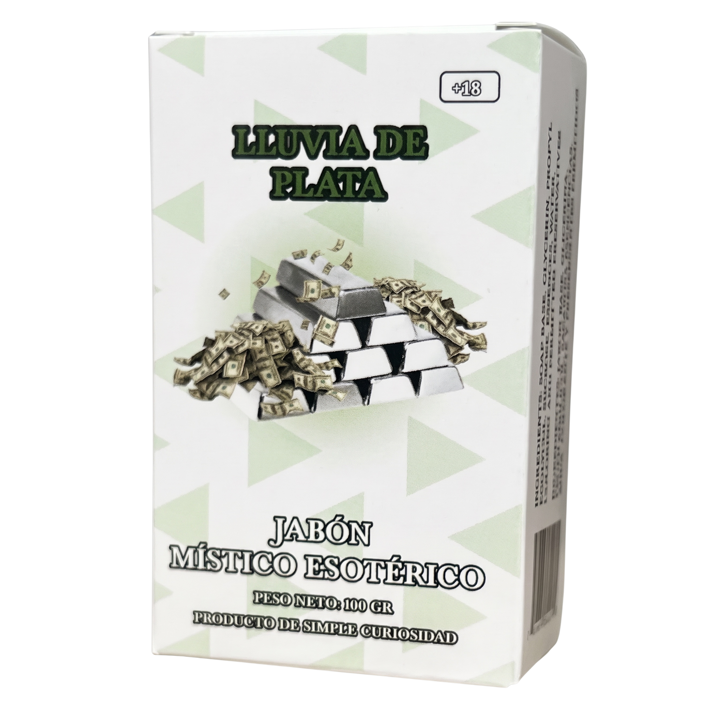 Box of 'Lluvia de Plata' soap with silver bars on a white background