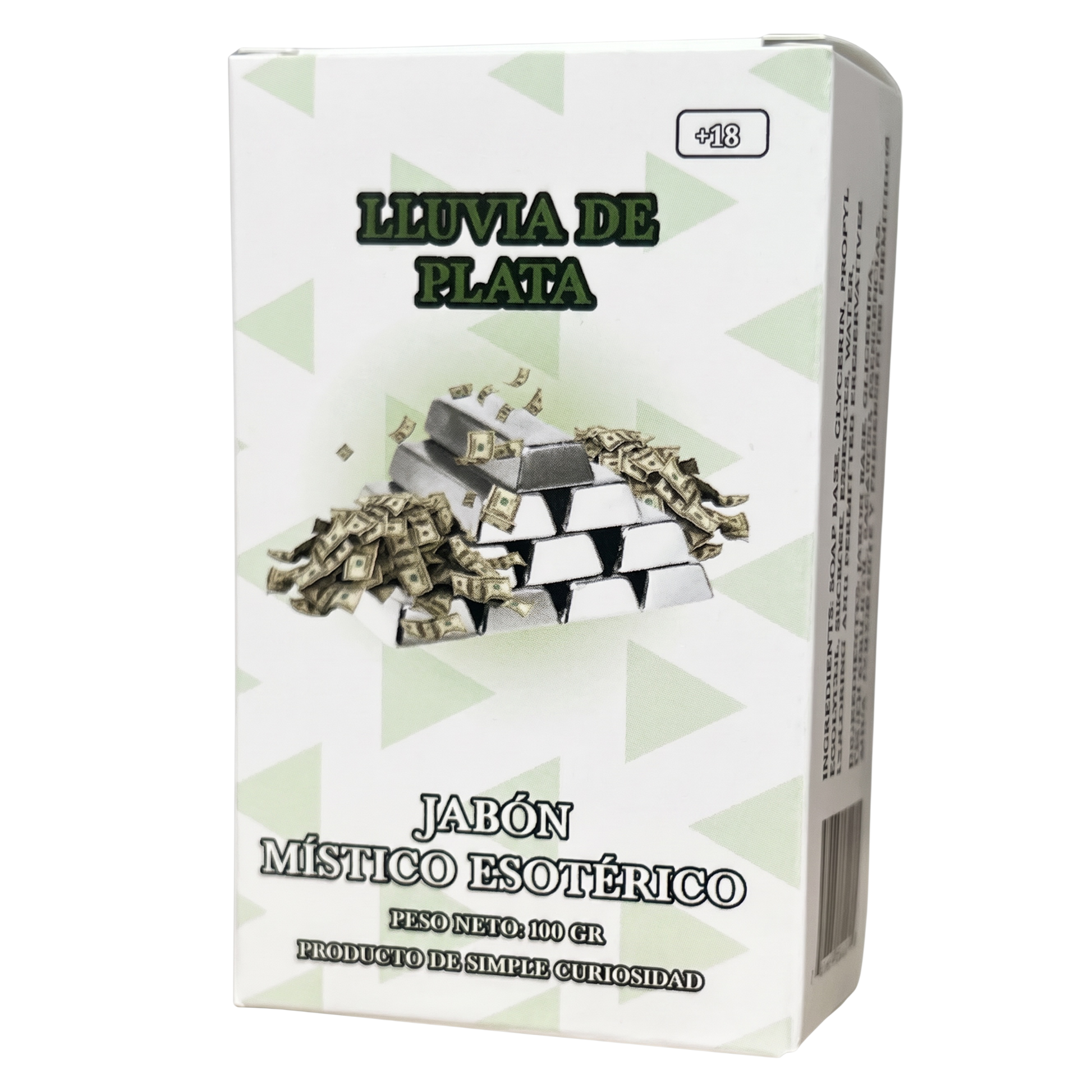 Box of 'Lluvia de Plata' soap with silver bars on a white background