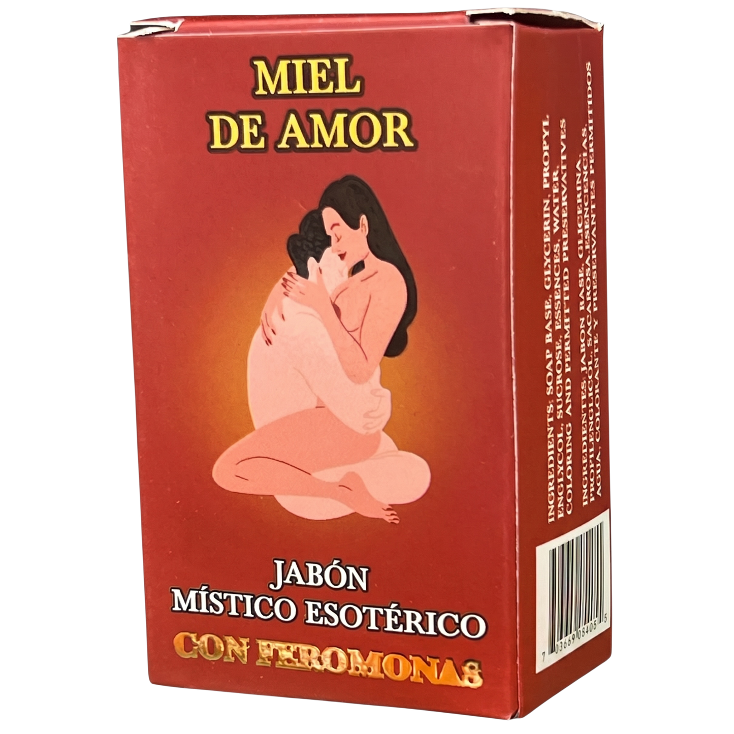 Box of 'Miel de Amor' soap with a stylized illustration of two people embracing on a red background.