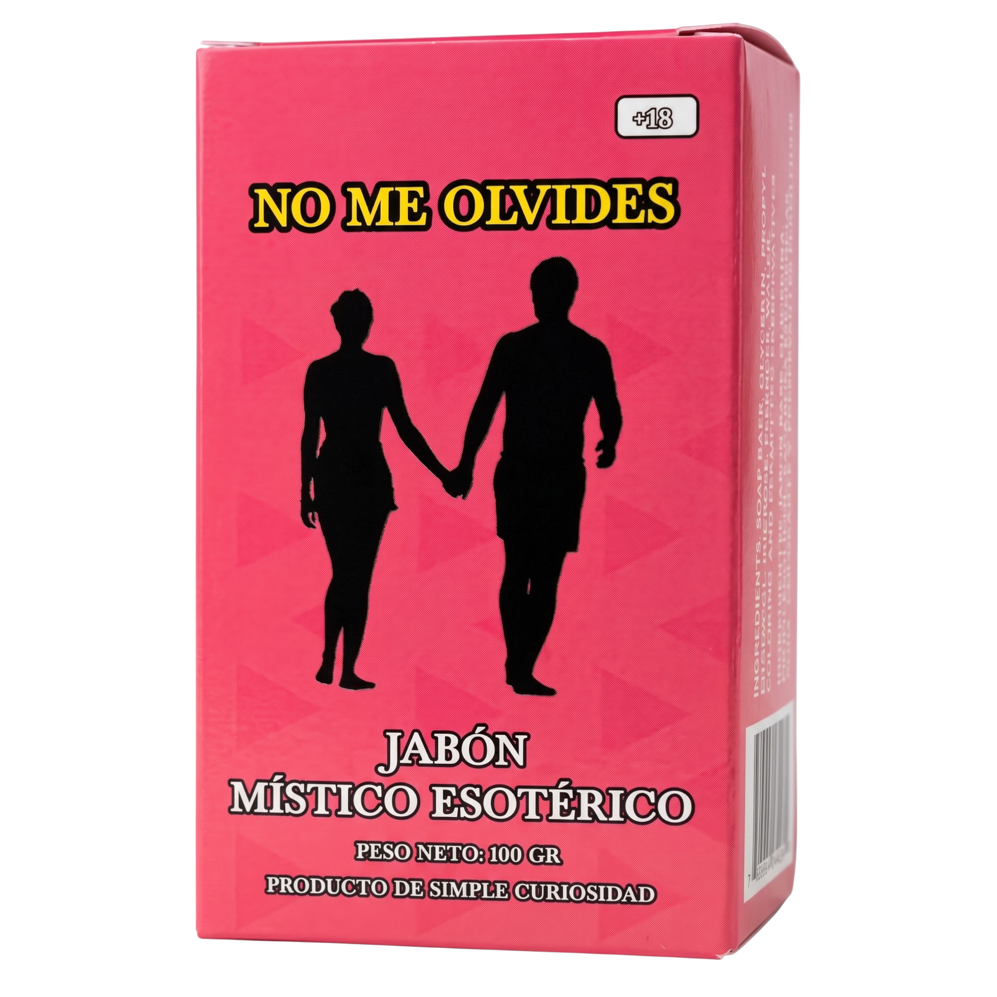 Pink soap packaging with silhouettes of a man and woman holding hands and text on a white background