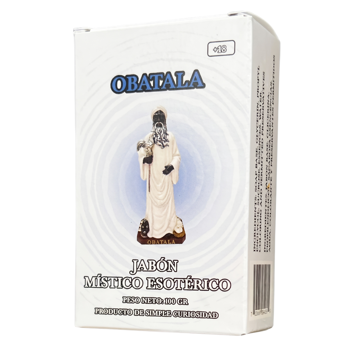 Box of OBATALA mystical esoteric soap with a figurine on a white background
