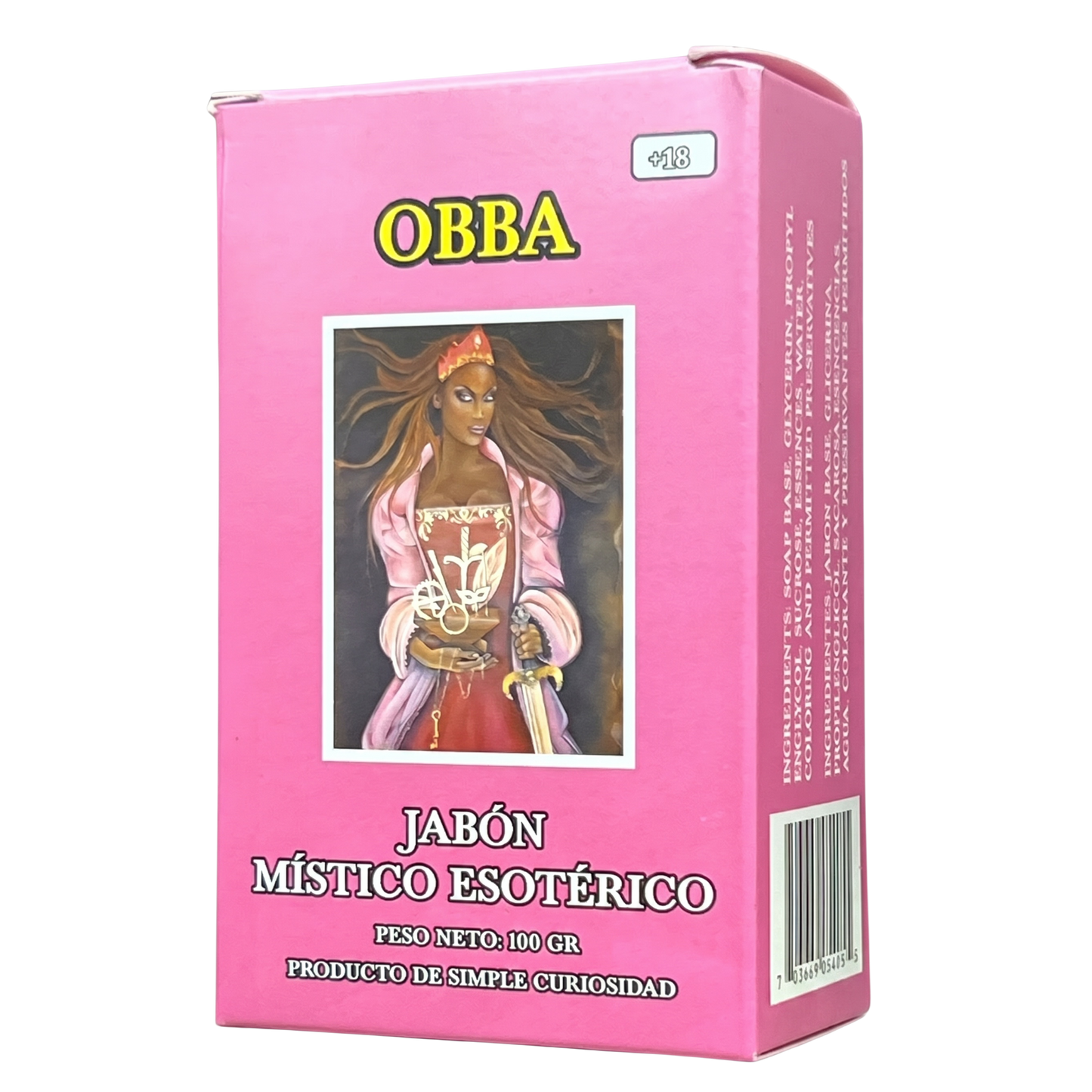 Pink packaging of OBBA with an illustration of a woman and text on a white background