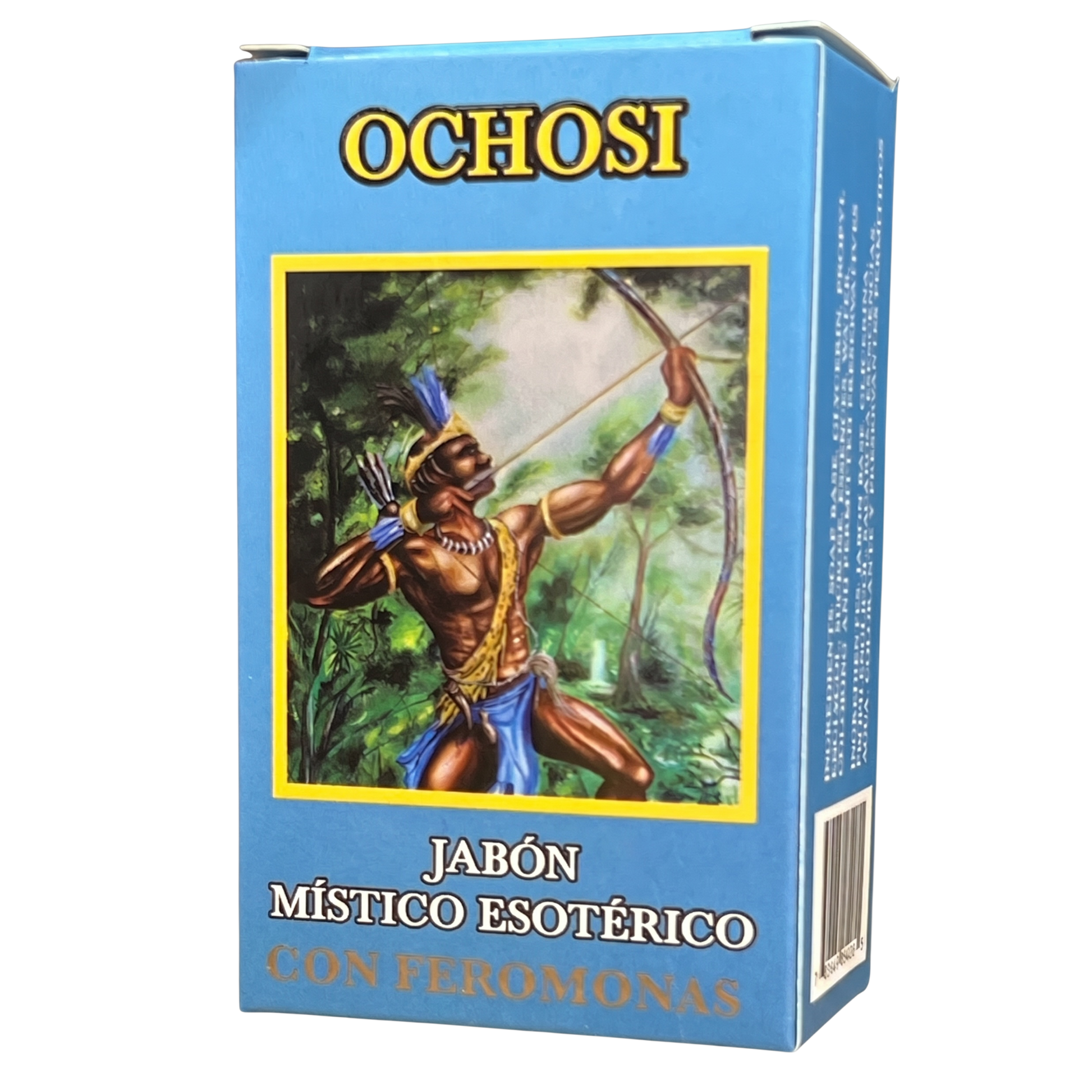 Ochosí soap packaging with an illustration of a man with a bow and arrow on a blue background