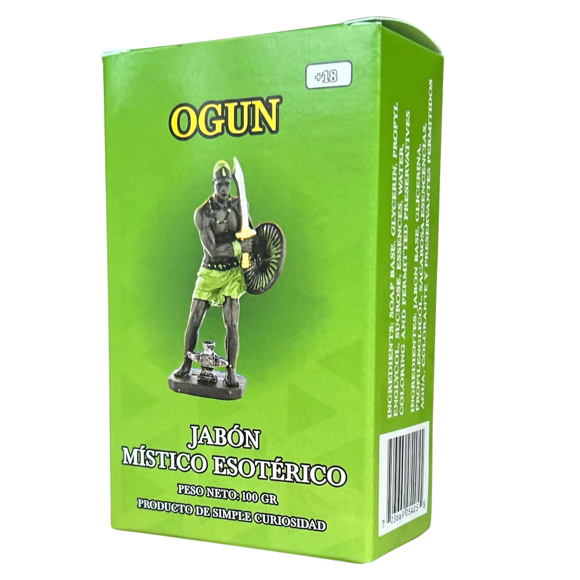 Green packaging of 'Ogun' with a figure on a white background