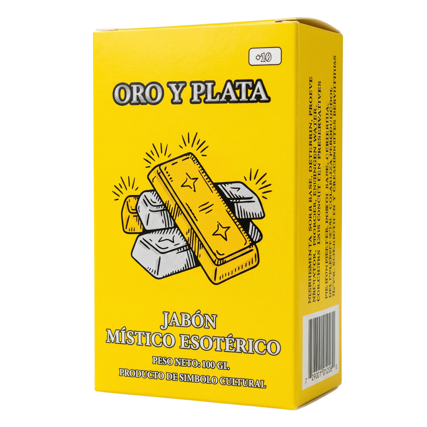 Yellow box of 'Oro y Plata' with gold and silver bars illustration on a white background
