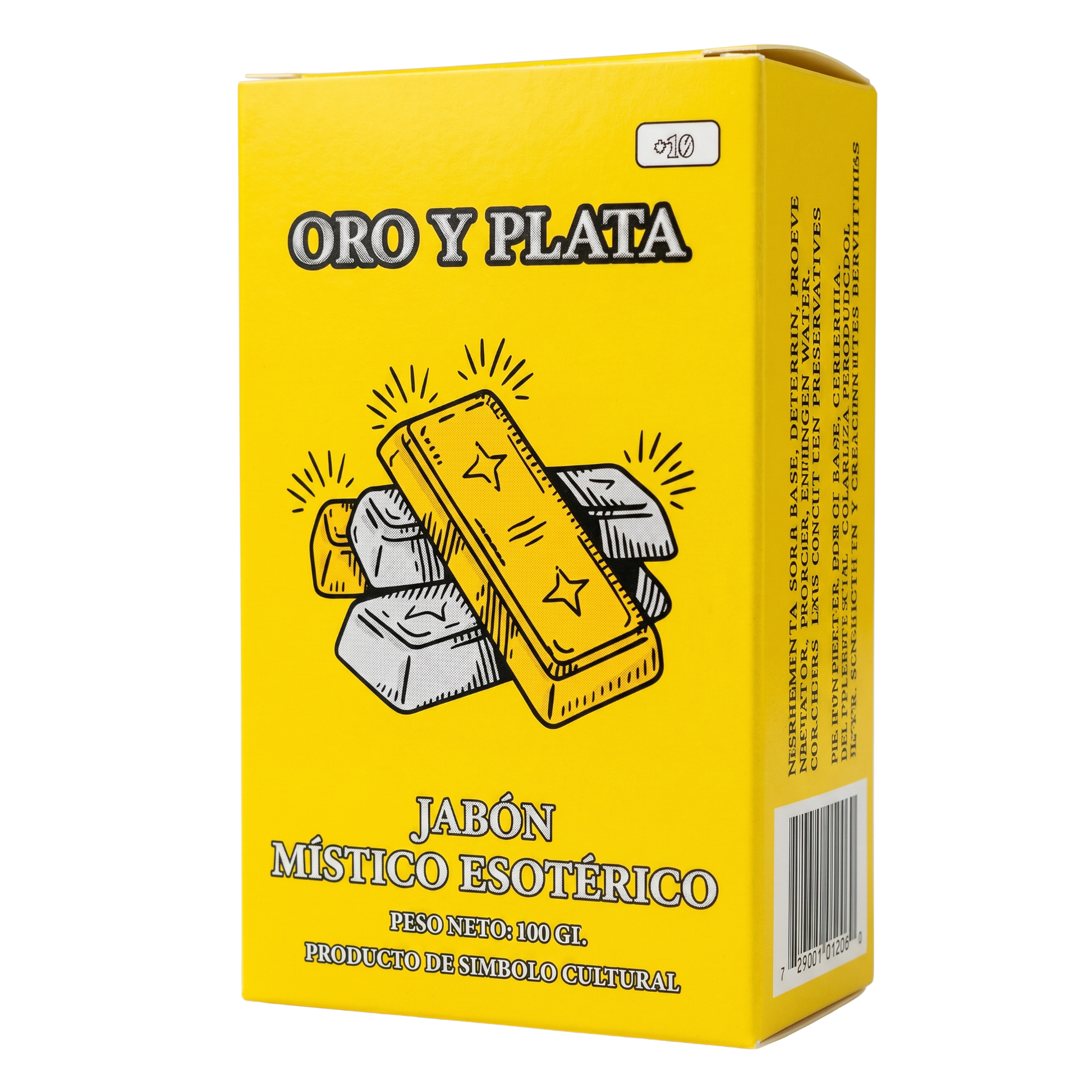 Yellow box of 'Oro y Plata' with gold and silver bars illustration on a white background