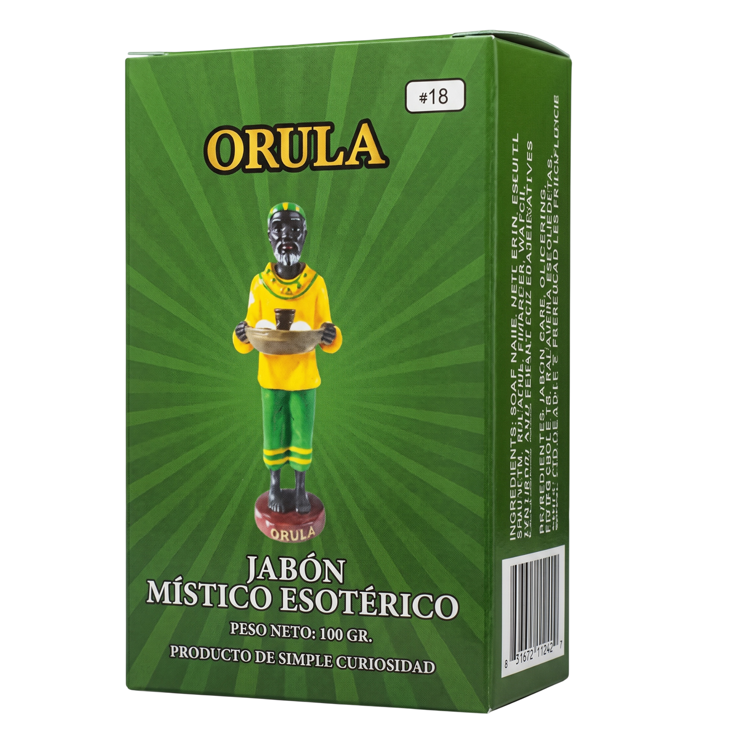 Orula mystical esoteric soap packaging with a green background