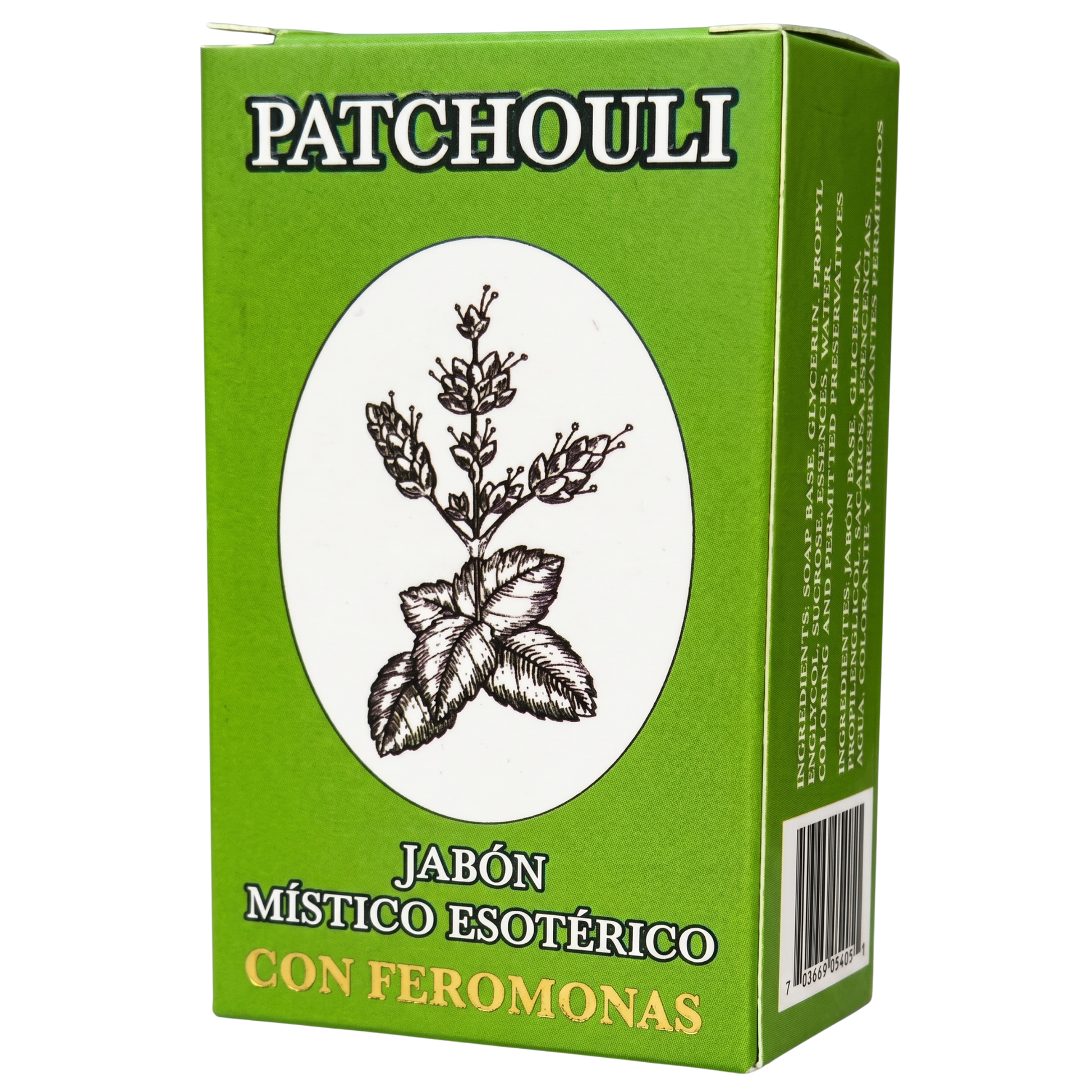 A green rectangular box of Patchouli Méstico Esotérico con Feromonas, featuring a white oval with a black botanical illustration of the patchouli plant.