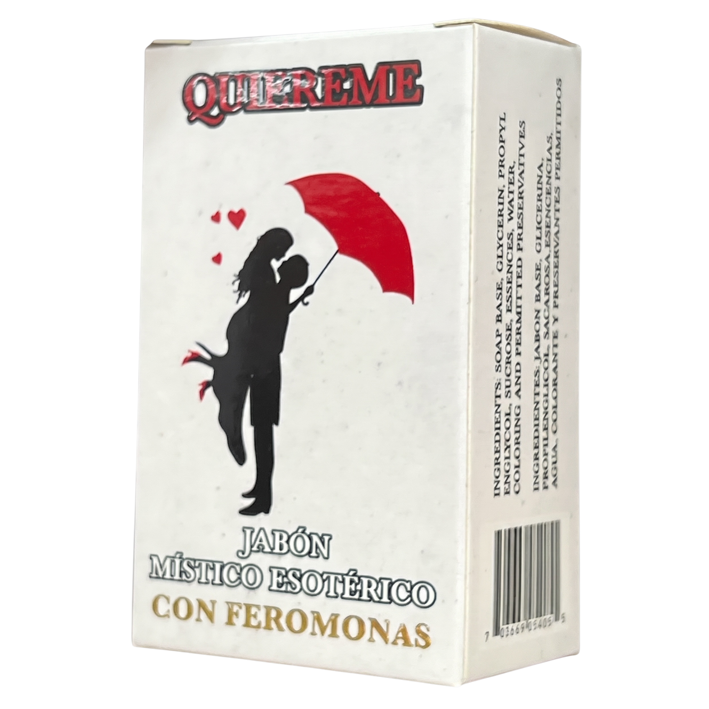 Box of 'Quererme' soap with a silhouette of a couple under a red umbrella on a white background.