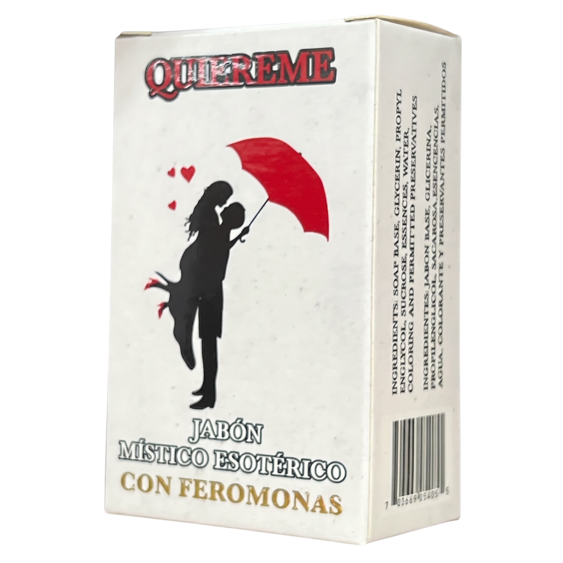Box of 'Quererme' soap with a silhouette of a couple under a red umbrella on a white background.