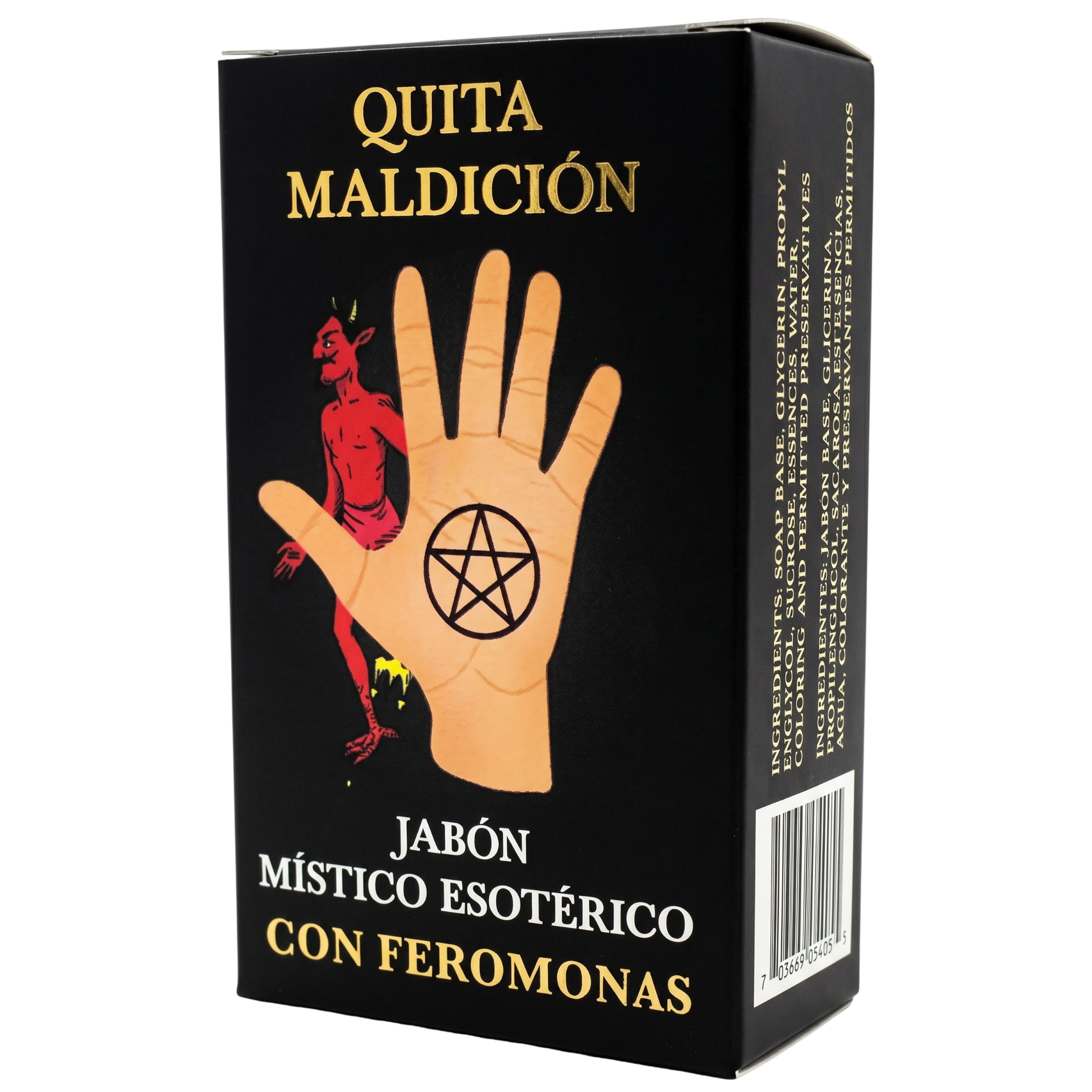 Box of 'Quita Maldicion' soap with a hand and pentagram design on a black background